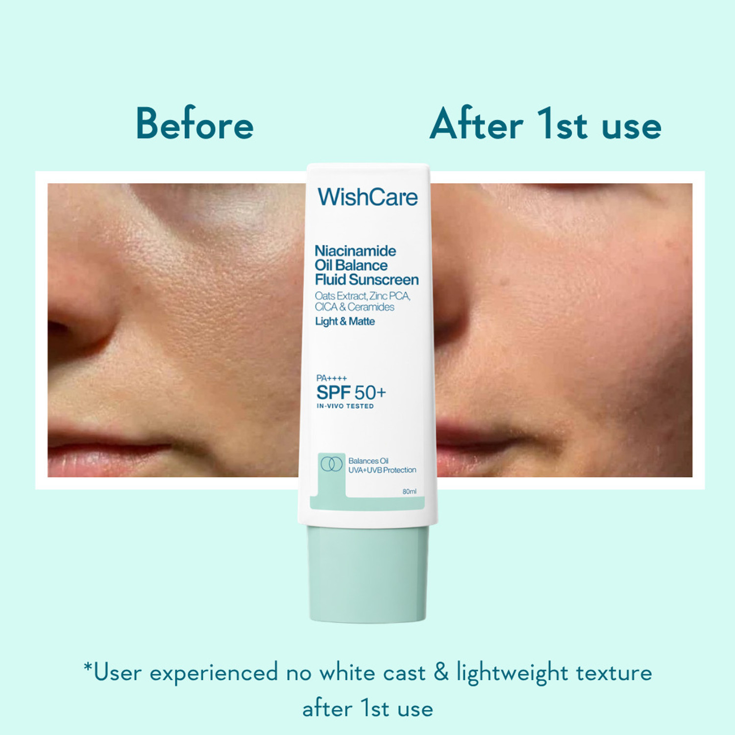 Image of WishCare Sunscreen - SPF 50 PA +++++ PA++++ Niacinamide Oil Balance Fluid Sunscreen SPF 50 PA++++ | Matte Sunscreen | 80ml