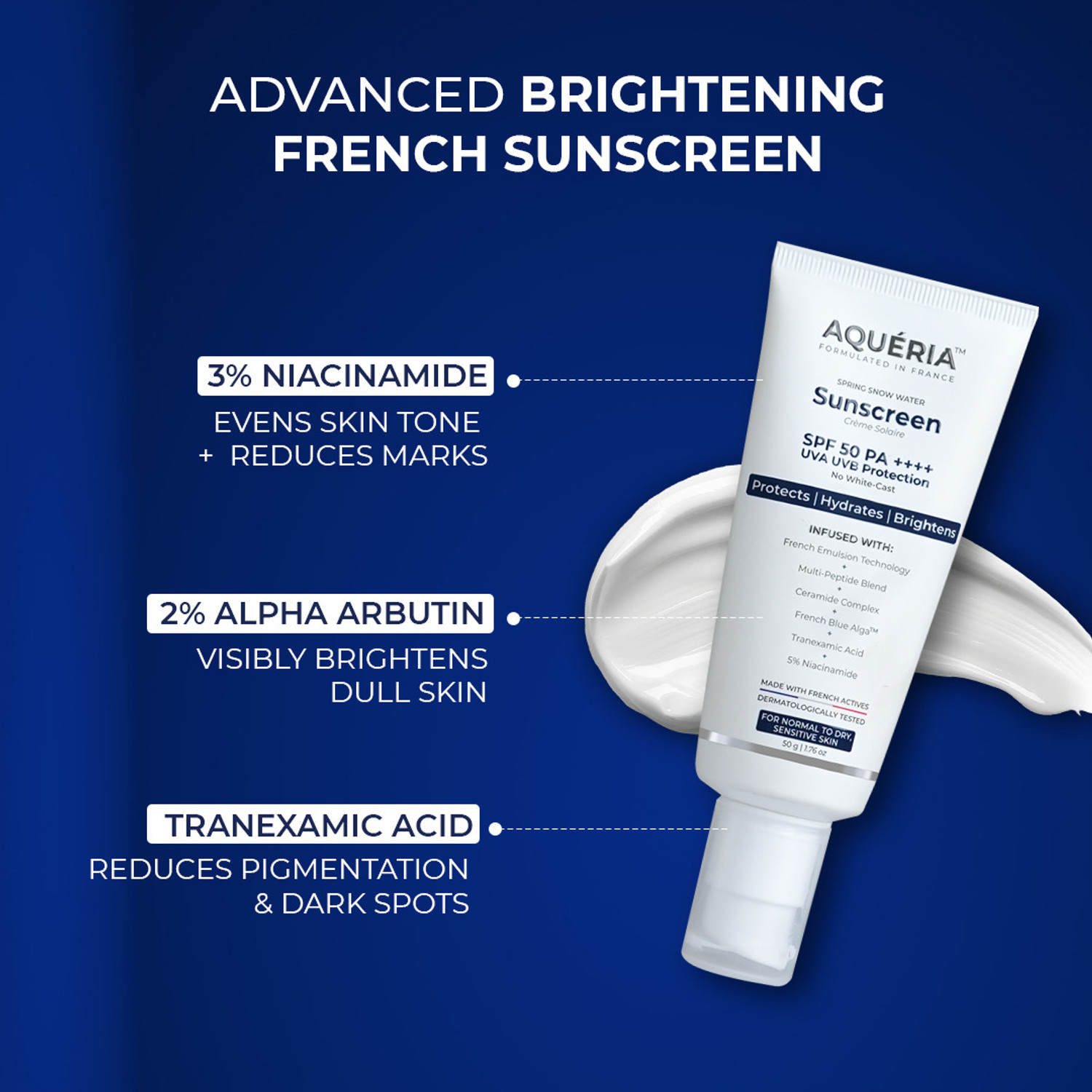 Image of Aqueria Sunscreen - SPF 50 PA++++ Brightening & Hydrating French Multi-Active SPF | Niacinamide, Tranexamic Acid