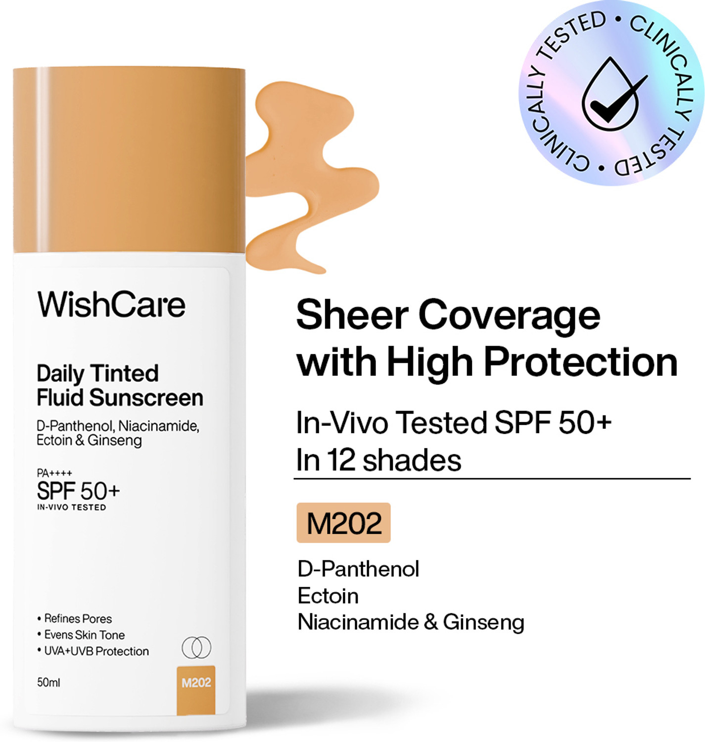 Image of WishCare Sunscreen - SPF 50 PA++++ Daily Fluid Tinted Sunscreen |M202|All Skin Type| InVivo Tested|Evens & Protects