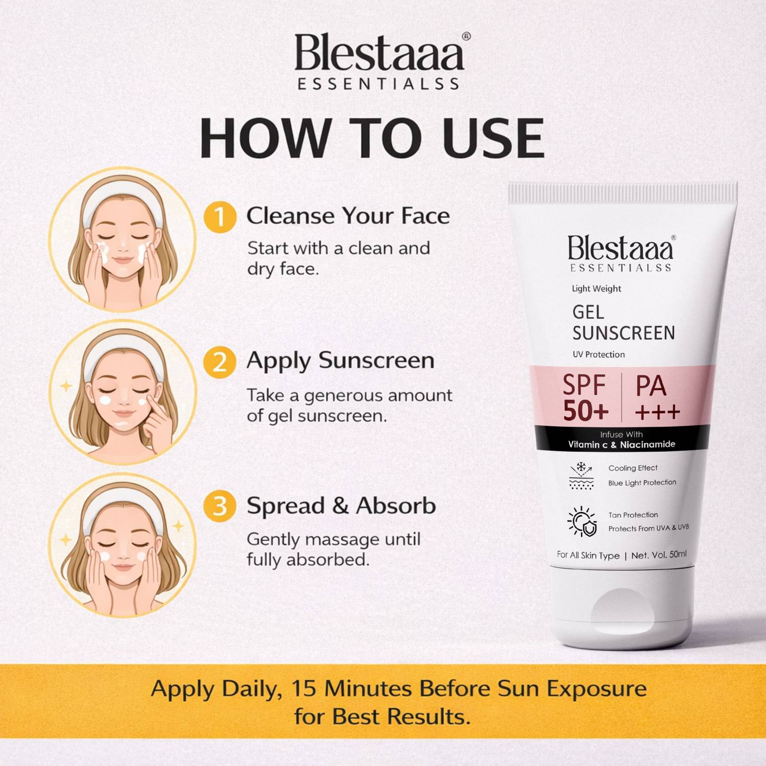 blestaaa essentialss Sunscreen SPF 50 PA+++ 50ml - Image 4