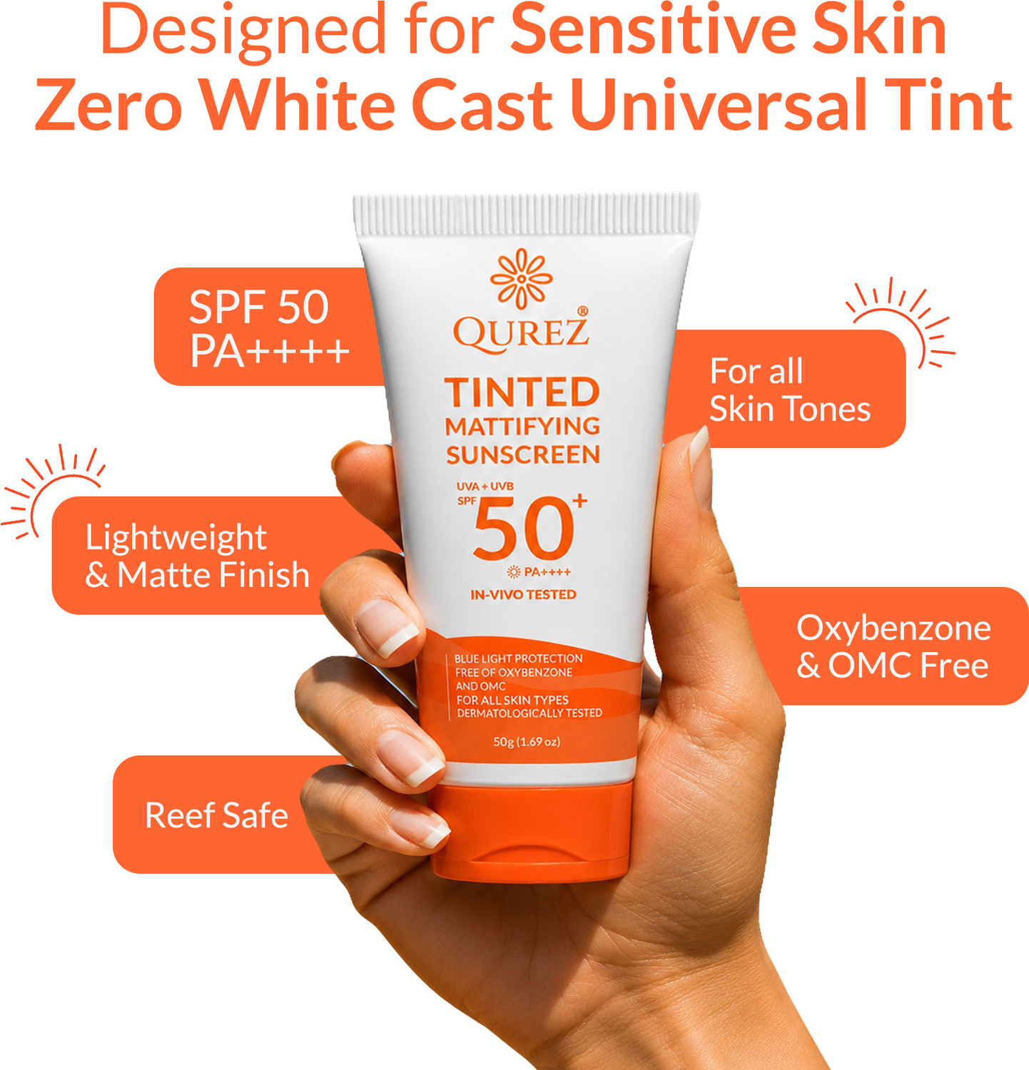 Image of Qurez Sunscreen - SPF 50+ PA++++ Tinted Mattifying Sunscreen Light Glow Shade . Broad-Spectrum Sun Defence (50 g)