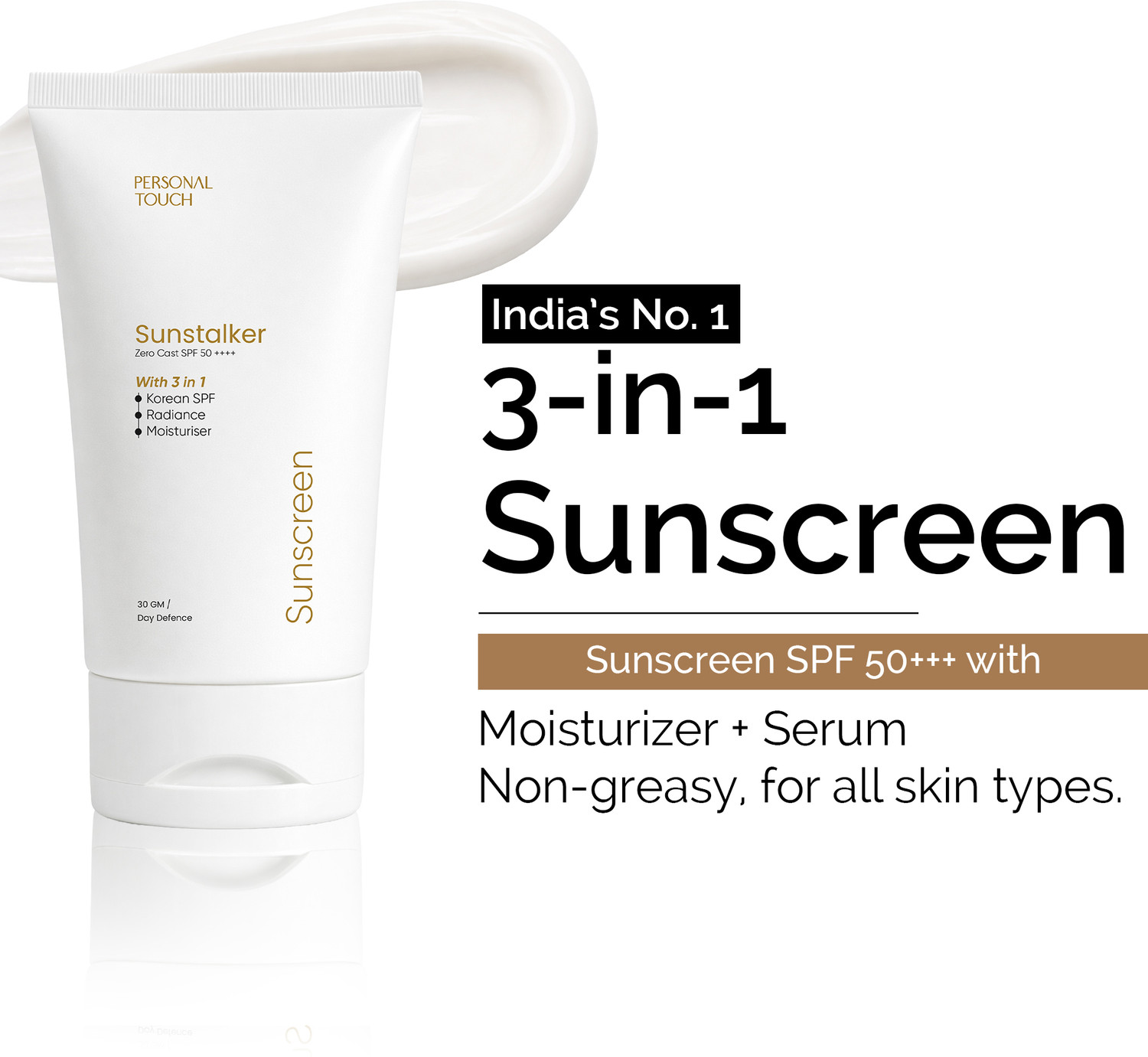 Image of PERSONAL TOUCH SKINCARE Sunscreen - SPF 50 PA+++ Sunstalker 3 in 1 Sunscreen SPF 50 PA+++Lightweight Sunscreen for Women & Men