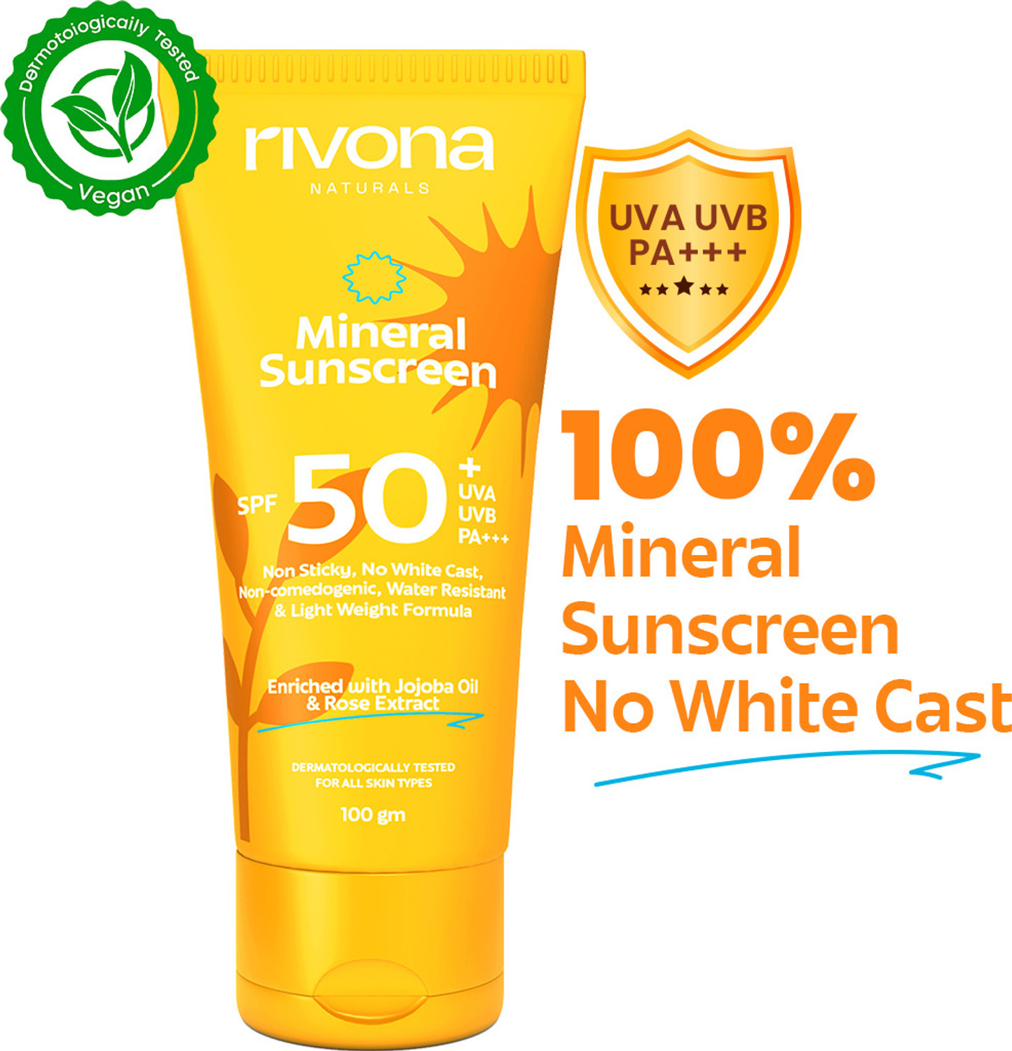 RIVONA NATURALS Sunscreen - SPF SPF50+ PA+++ Mineral with Rose and Shea Butter | UVA UVB filters