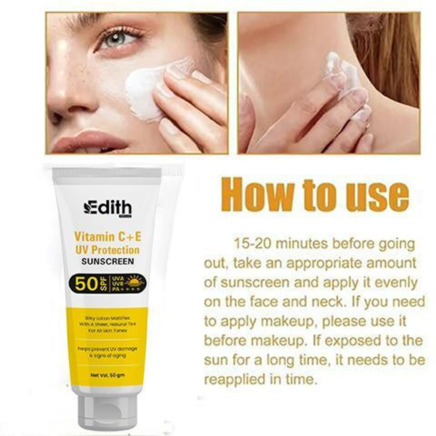 Image of EDITH NATURALS Sunscreen - SPF 50 PA+++ Lightweight Gel Sunscreen | No White Cast | For men & Women