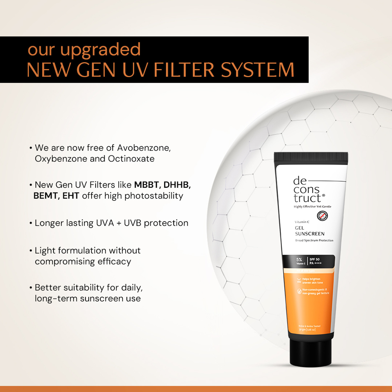 Image of Deconstruct Sunscreen - SPF 50 PA++++ 5% Vitamin C Gel Sunscreen Brightens New Gen Oily Skin For Men & Women