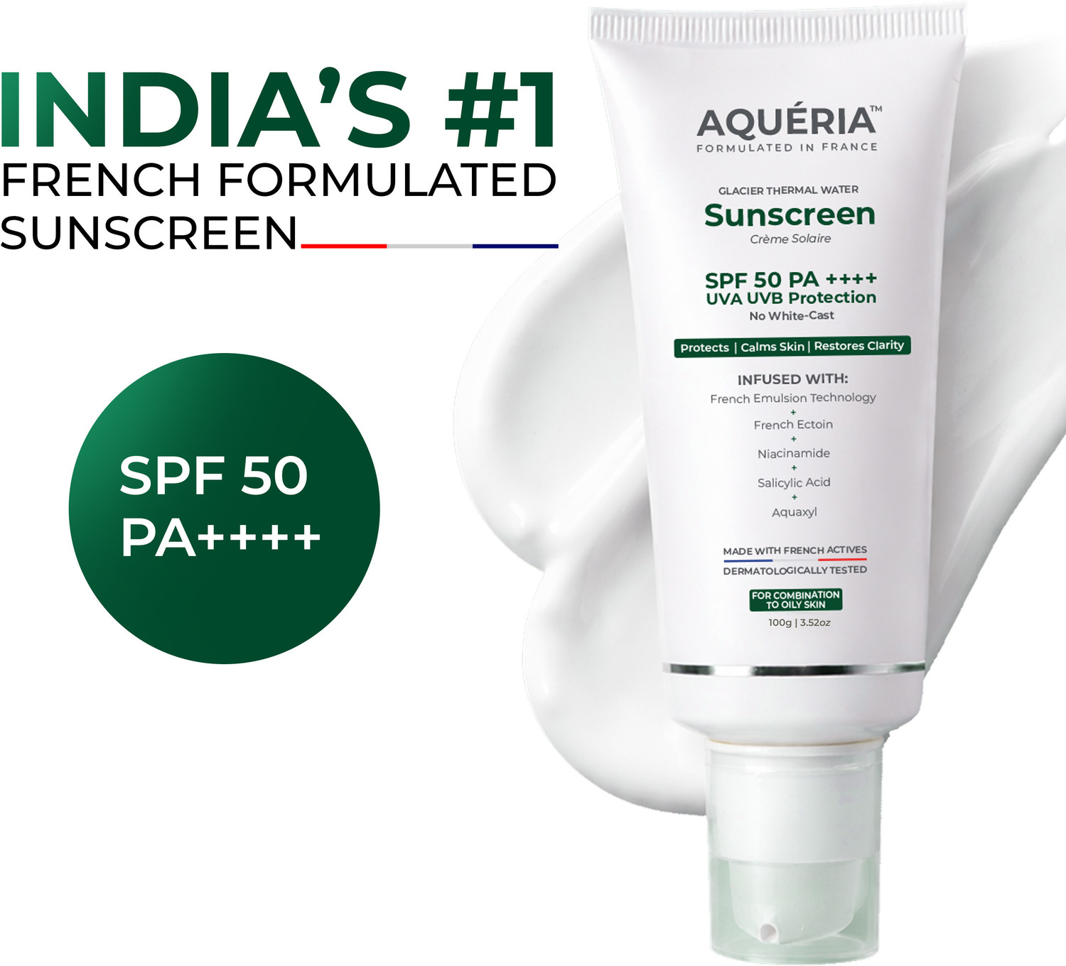 Image of Aqueria Sunscreen - SPF 50 PA++++ Oil Control Brightening French Multi-Active SPF | 2% Niacinamide, Salicylic Acid