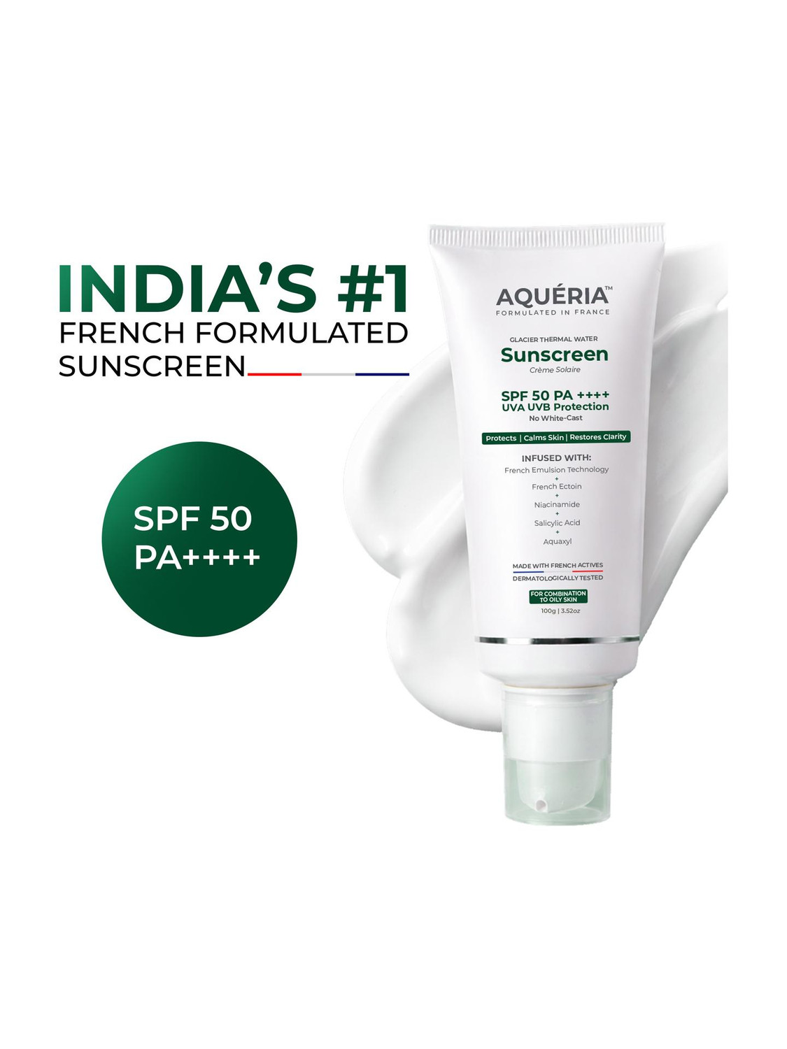 Image of Aqueria Sunscreen - SPF 50 PA++++ Oil Control Brightening French Multi-Active SPF | 2% Niacinamide, Salicylic Acid