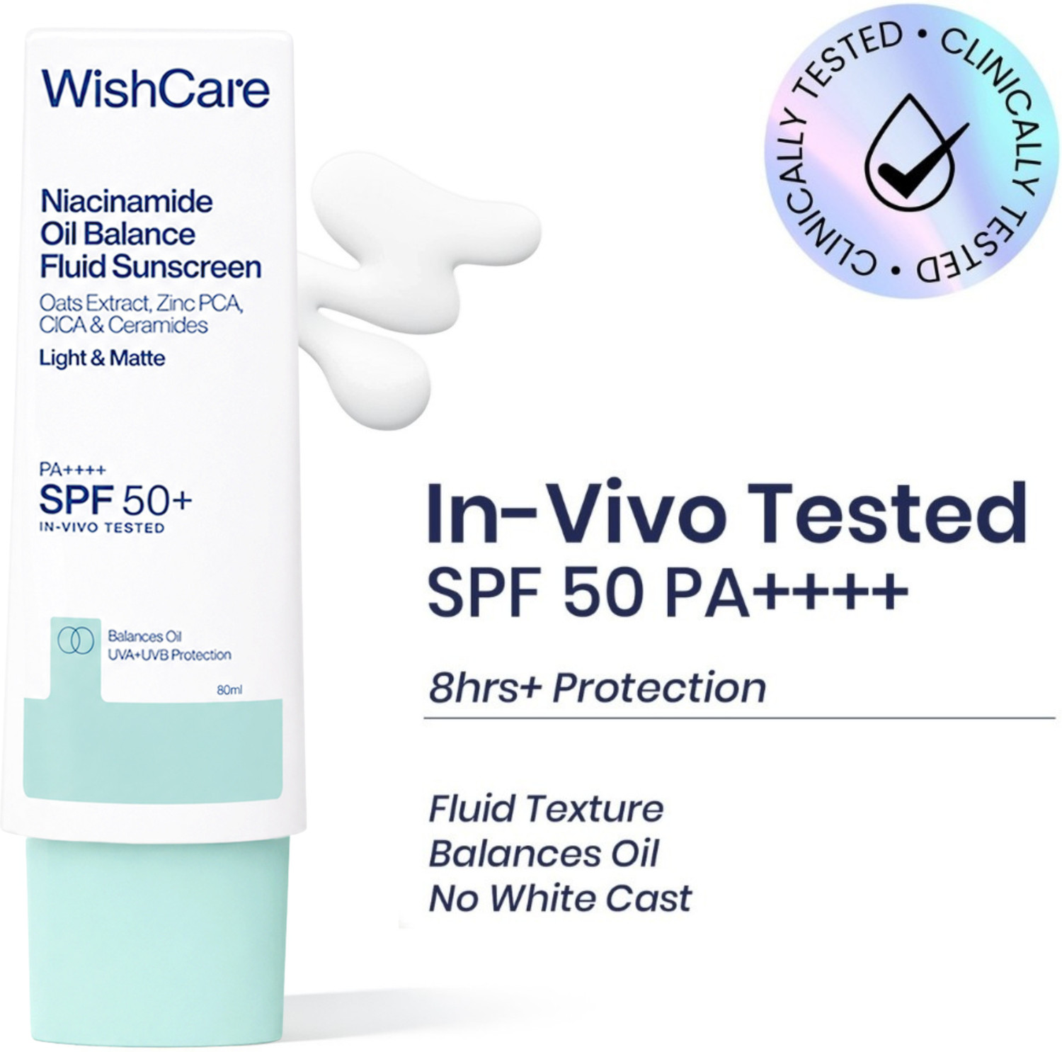 Image of WishCare Sunscreen - SPF 50 PA +++++ PA++++ Niacinamide Oil Balance Fluid Sunscreen SPF 50 PA++++ | Matte Sunscreen | 80ml
