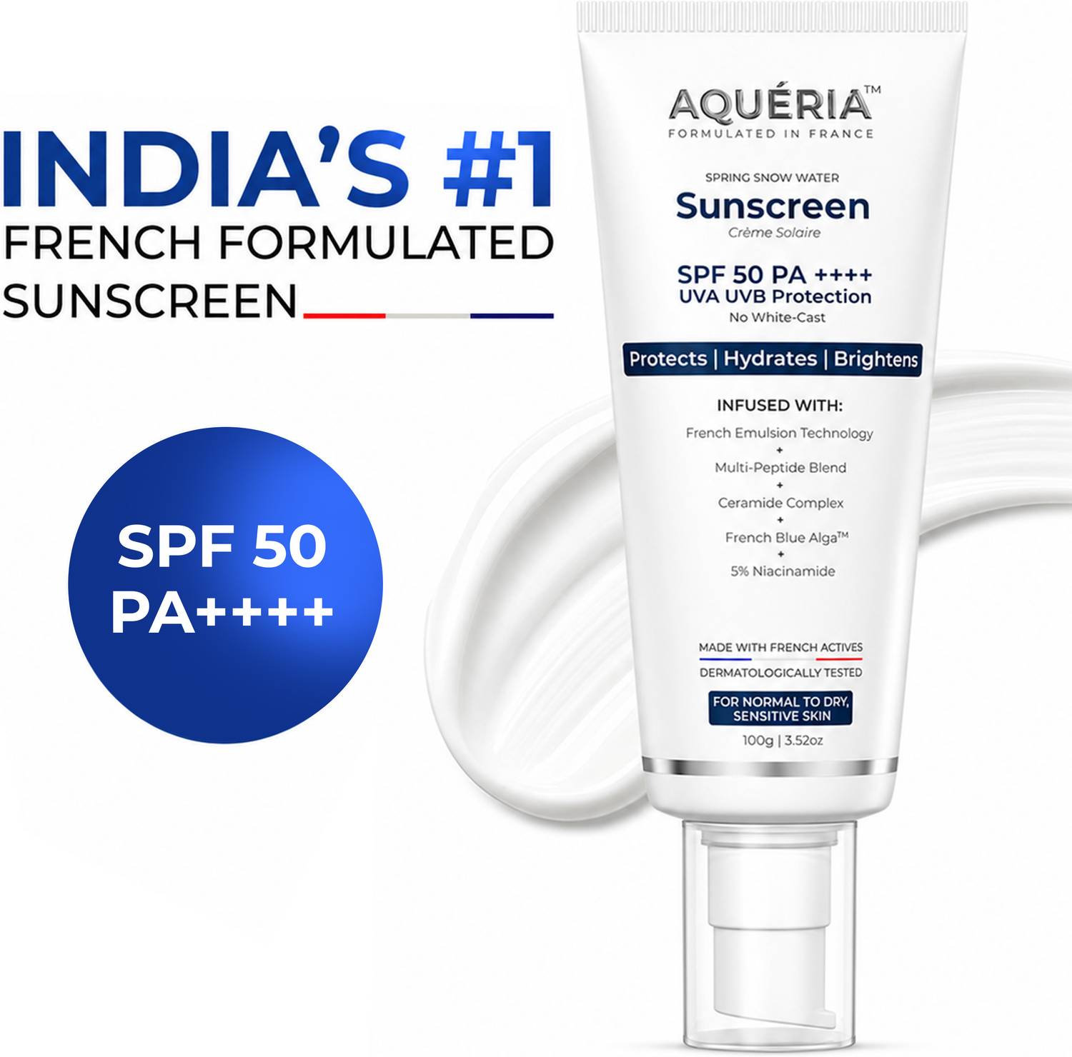 Aqueria Sunscreen - SPF 50 PA++++ Brightening & Hydrating French Multi