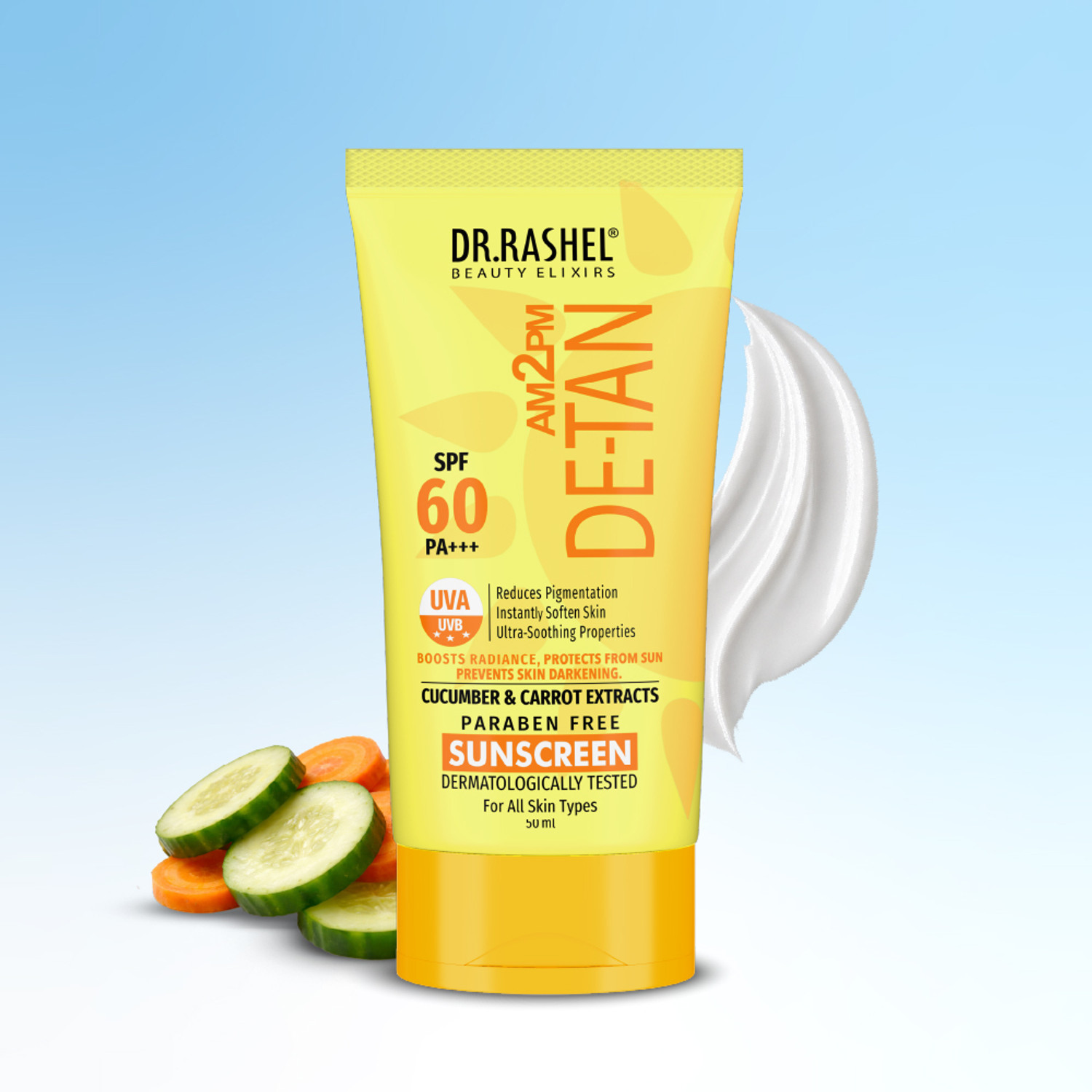 Image of DR.RASHEL Sunscreen - SPF 60 PA+++ DE-TAN SUNSCREEN SPF 60 PA+++ ULTRA SOOTHING WITH CUCUMBER & CARROT EXTRACTS