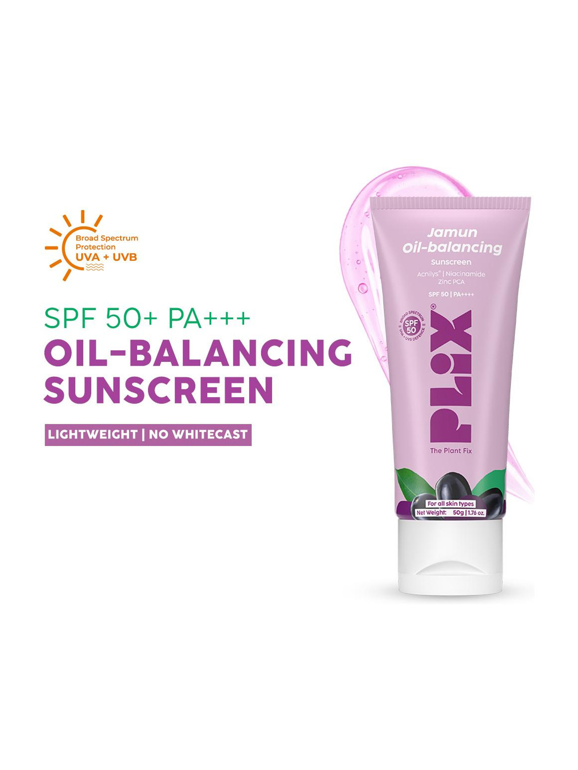 Image of The Plant Fix Plix Sunscreen - SPF 50 PA++++ Jamun Oil-Balancing Gel Sunscreen With SPF 50, Non-Greasy Sun Protection