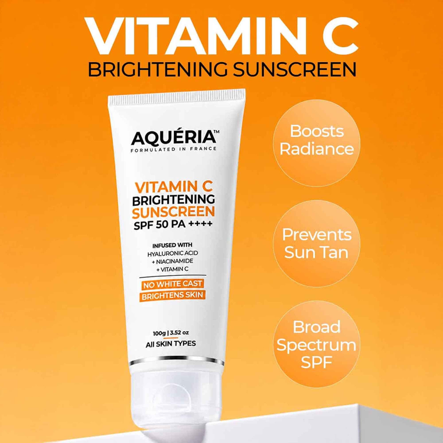 Image of Aqueria Sunscreen - SPF 50 PA++++ 3-in-1 Bright Detan Sunscreen | Vitamin C, Niacinamide & Hyaluronic Acid