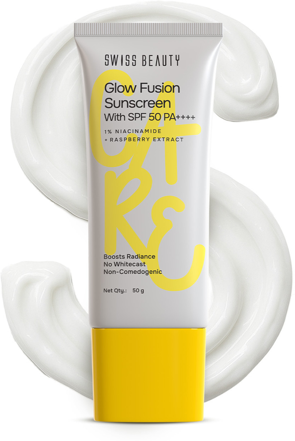 Image of SWISS BEAUTY Sunscreen - SPF 50 PA++++ Glow Fusion Sunscreen SPF 50 PA++++ - 1% Niacinamide & Raspberry Extract 50gm