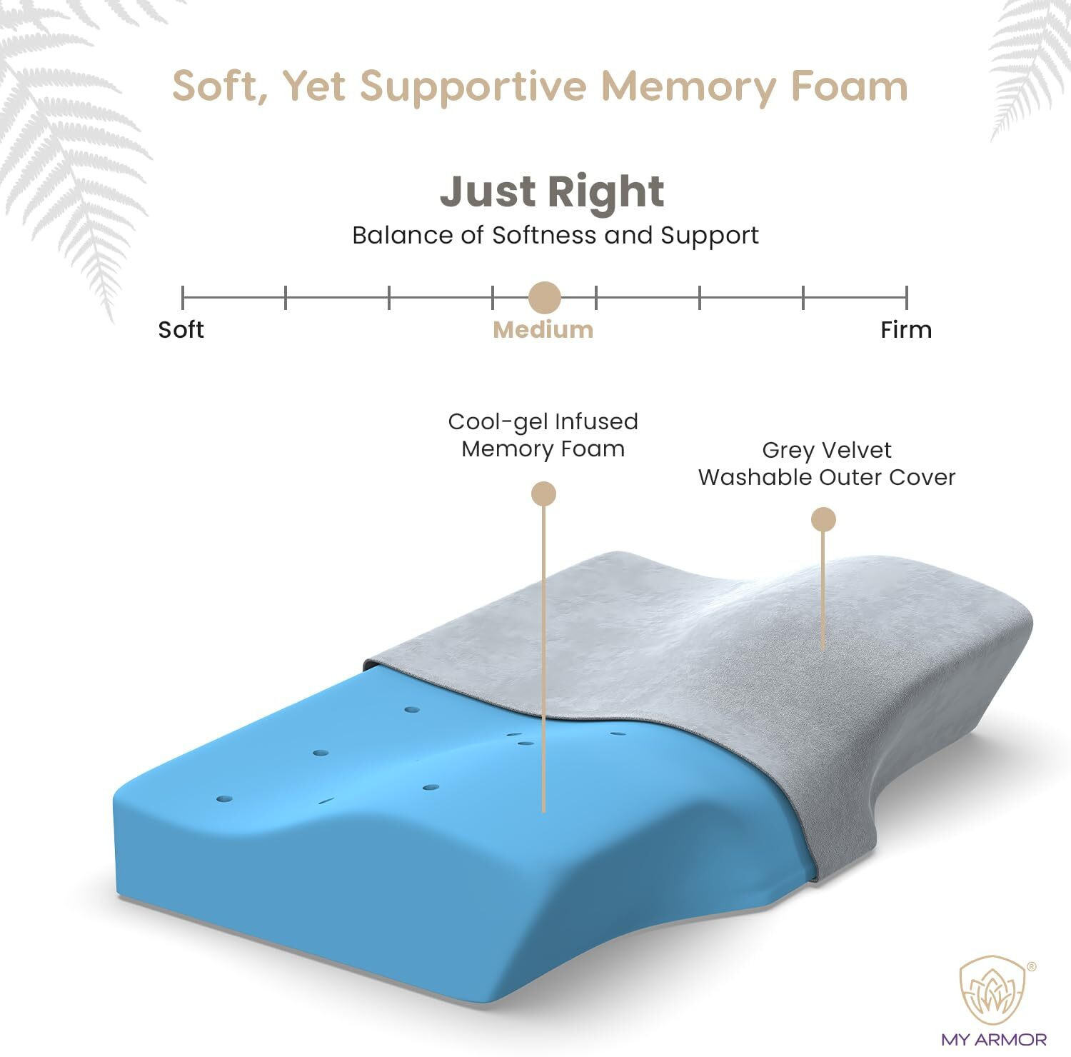 Image of MY ARMOR Cool Gel Memory Foam Cervical Pillow with Velvet Cover, 18.5 inch x 11 inch, Dual Height Cervical Pillow