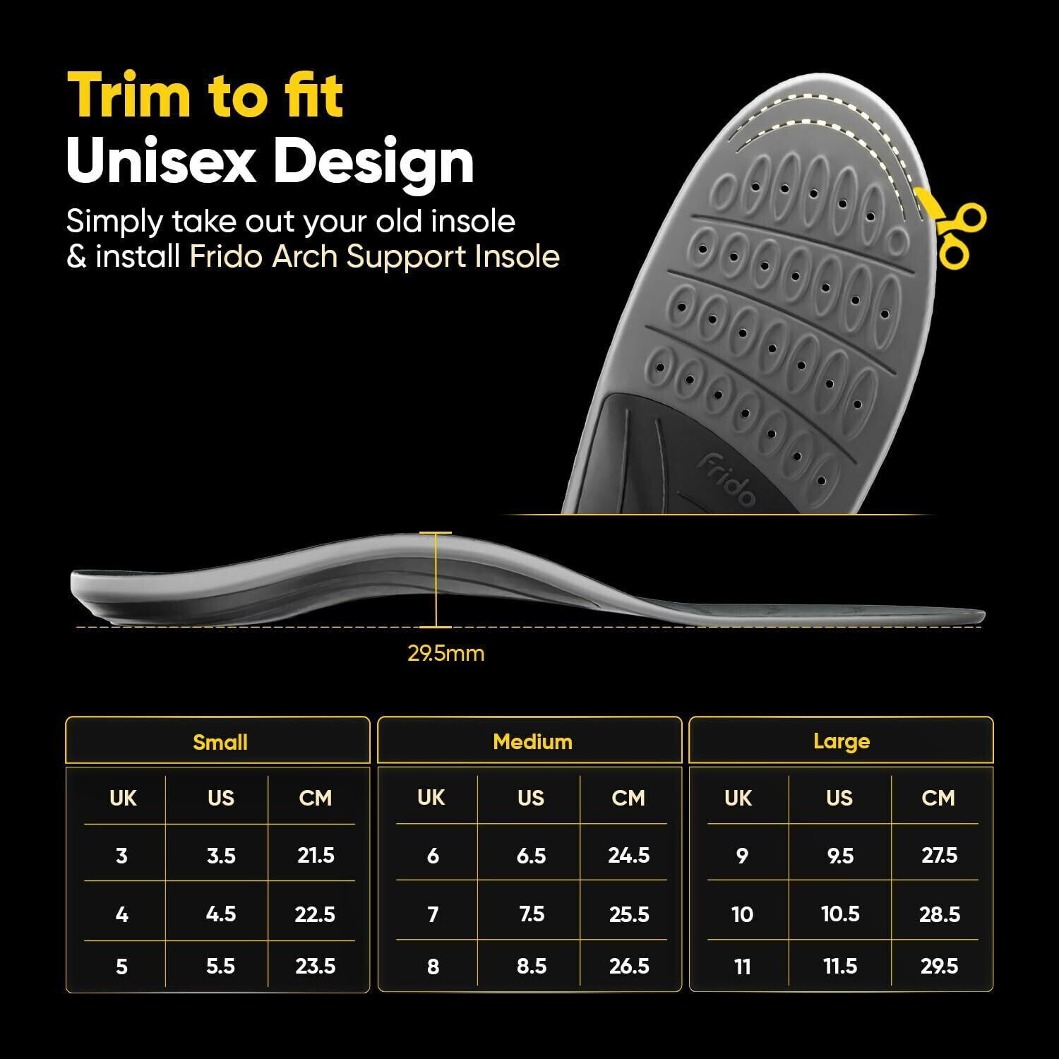 Image of Frido Arch Support Rigid Insole for Flat Feet, Relieves Feet Pain, Medium 6-8 UK PU Foam Arch Orthotic Shoe Insole