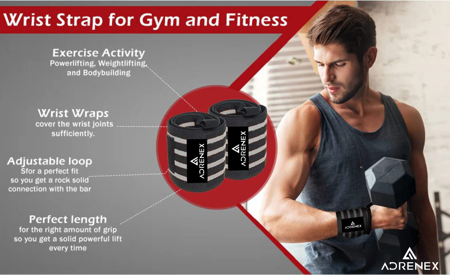 Image of Adrenex Professional Wrist Band,Strap For Gym and Fitness weight Lifting Wrist Support