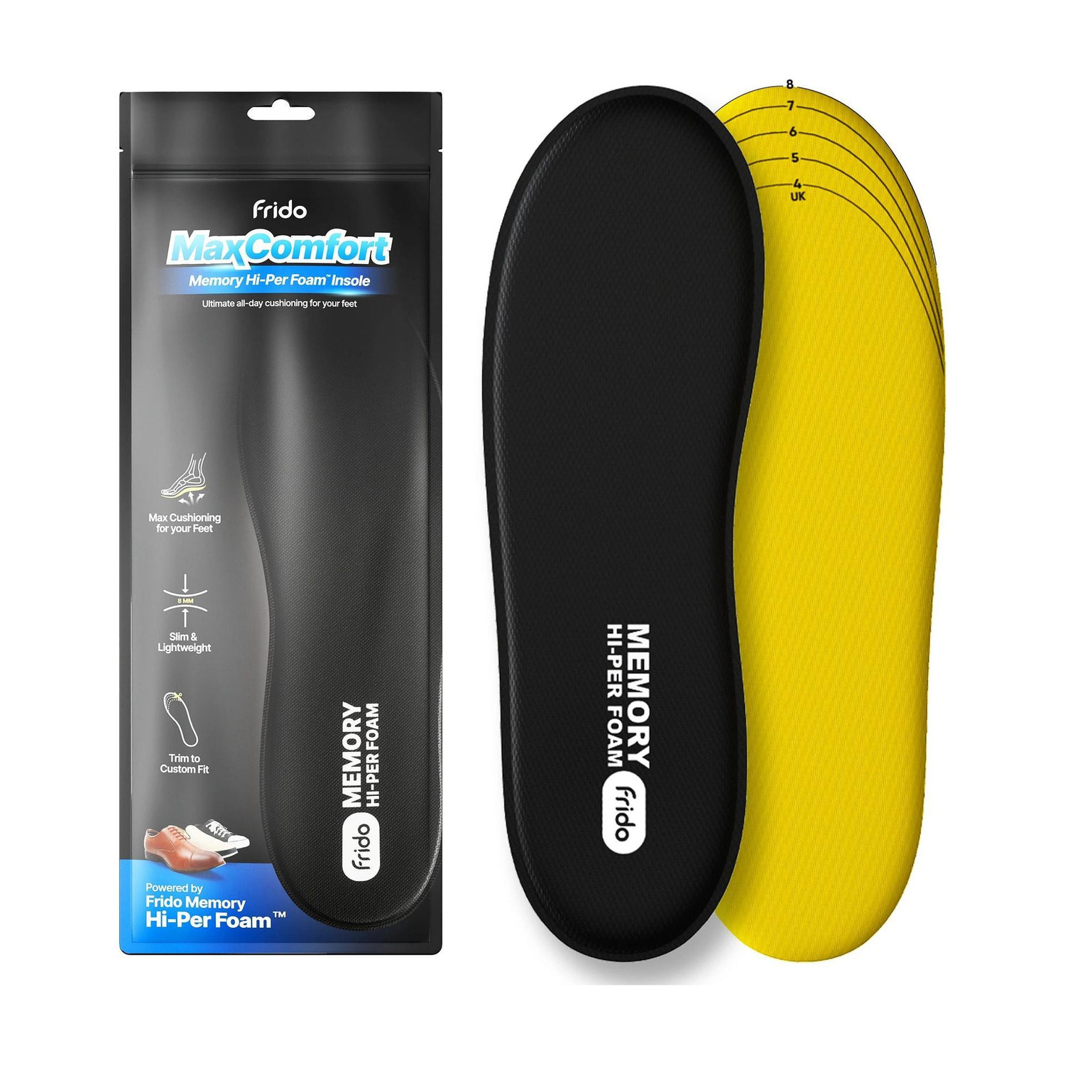 Image of Frido Max Comfort Memory Hi-Per Foam Trimmable Insole, Small (4-8 UK) Gel Arch Orthotic Shoe Insole