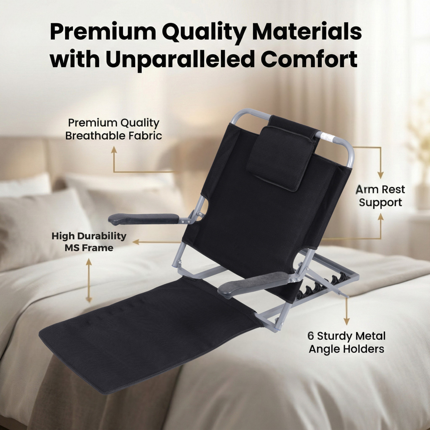 Image of REWELL Portable Adjustable Bed Back Rest with Handle | Mild Steel | 6 Reclining Angles| Back / Lumbar Support