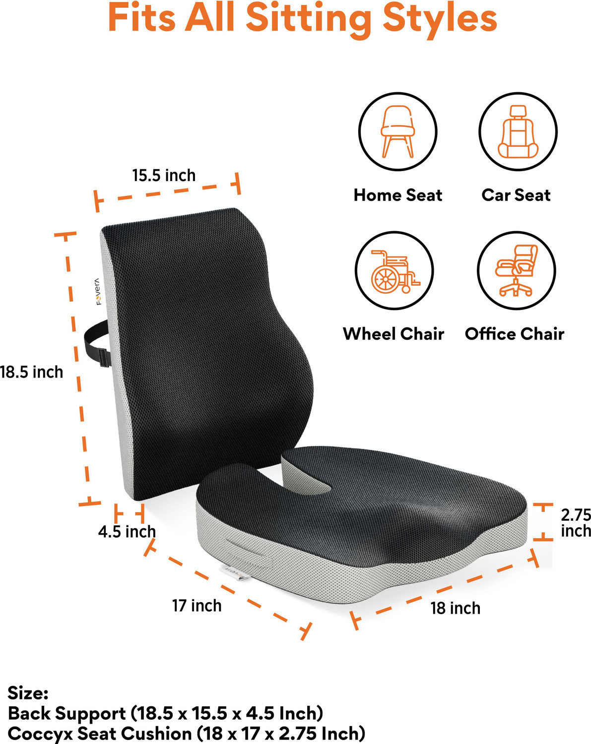 Image of FOVERA Memory Foam Tailbone Pain & Back Support Seat Cushion Combo for Chair, Back / Lumbar Support