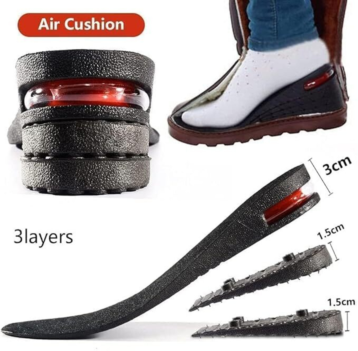 Image of SRGONLINE Height Increase Insole 4-Layer Air Cushion Heel Shoes Insole for Men & Women Heel Support (Black)