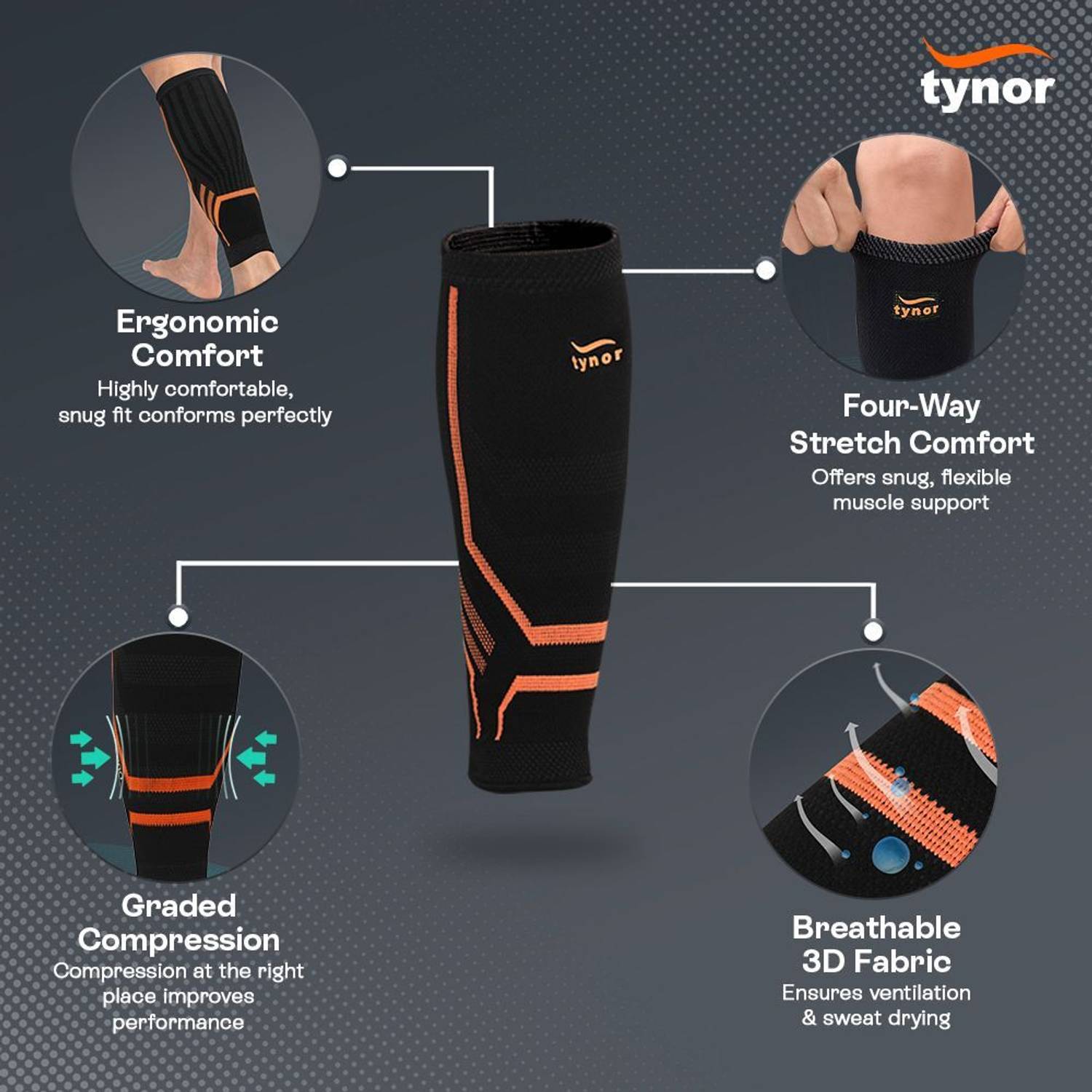 TYNOR Calf and Shin Support Air Pro, Large, Black & Orange (1 Pair) - Image 3