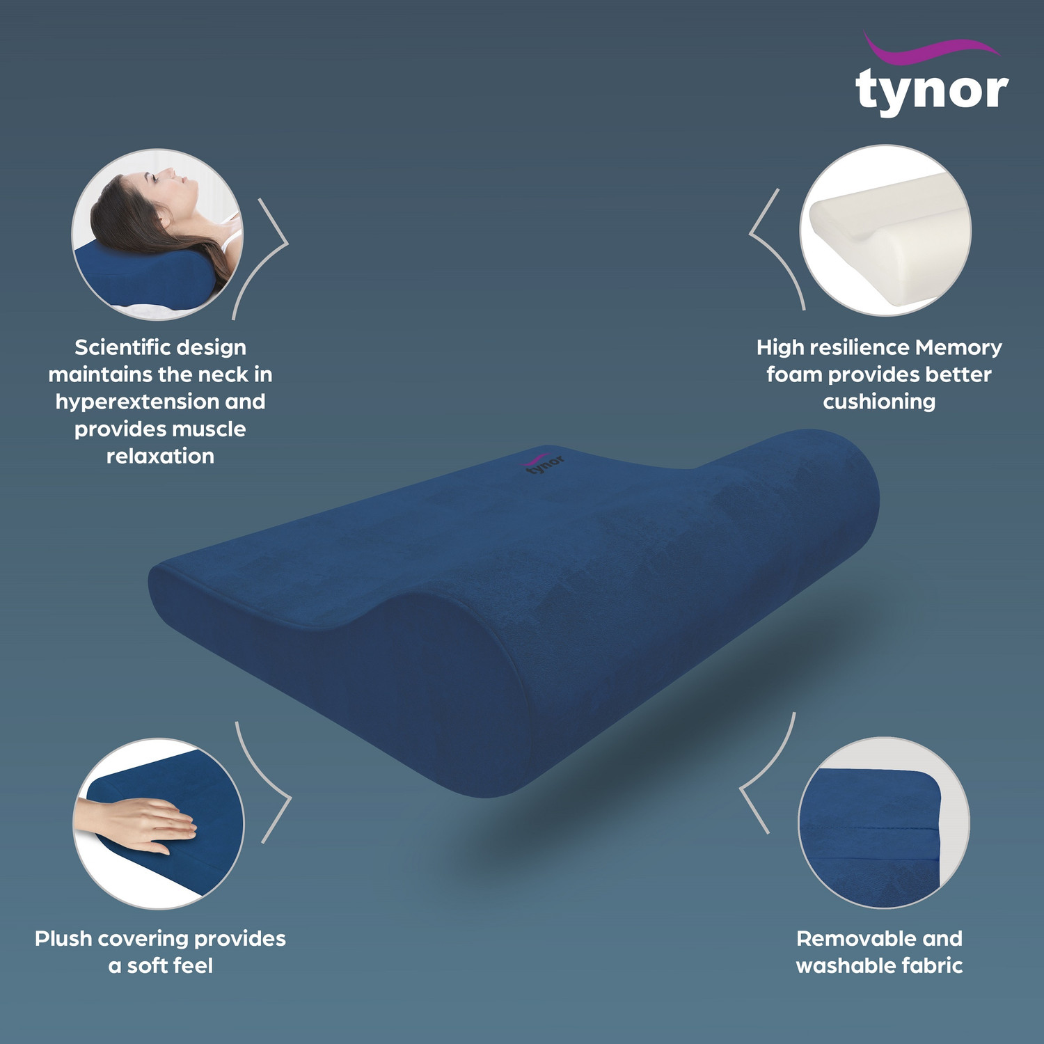 Image of TYNOR Cervical Pillow Regular Memory Foam, Blue, Universal Size, 1 Unit Cervical Pillow