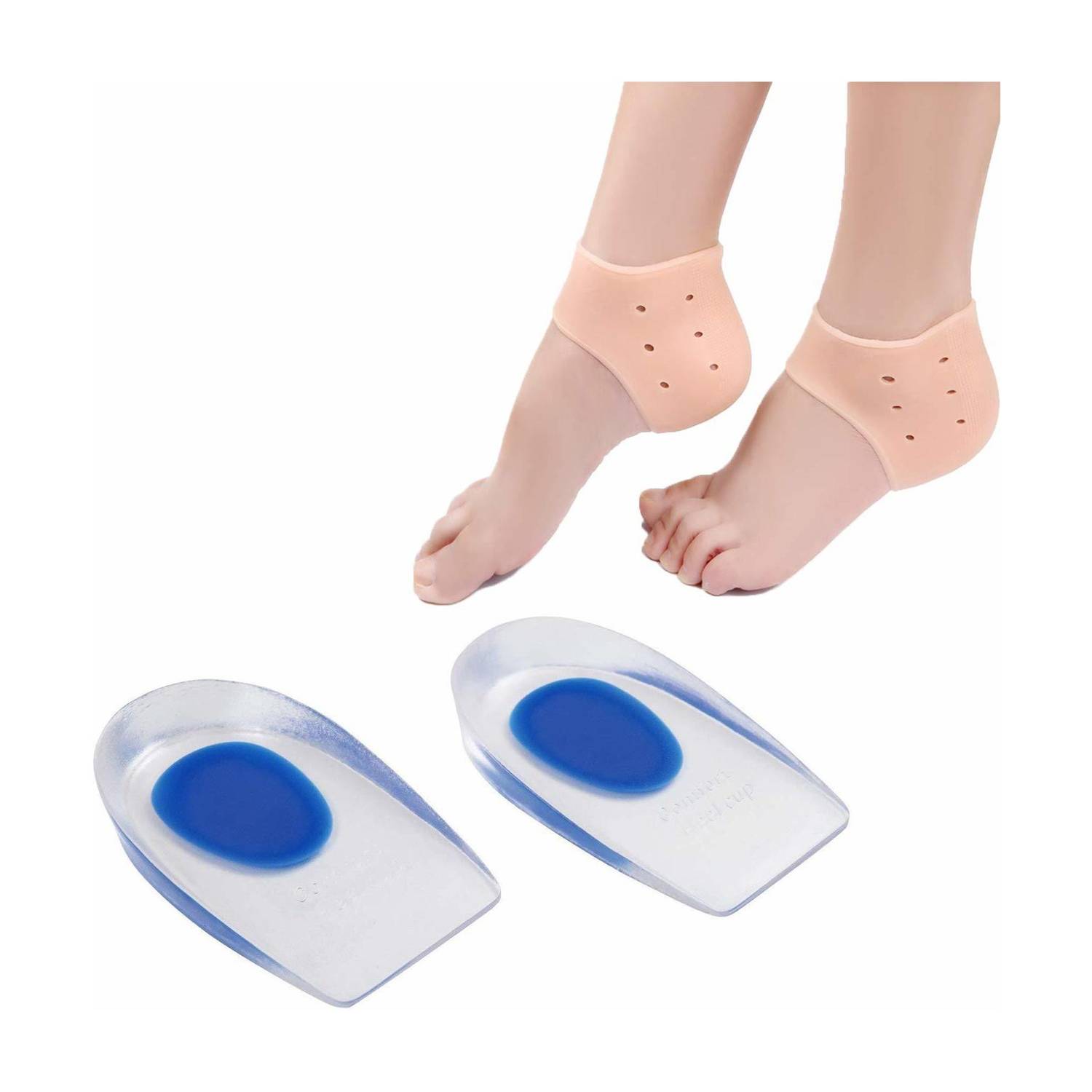 ALWAFLI white and blue Combo Heel Cushion and Heel Socks -Foot Care Gel Silicone Heel Support