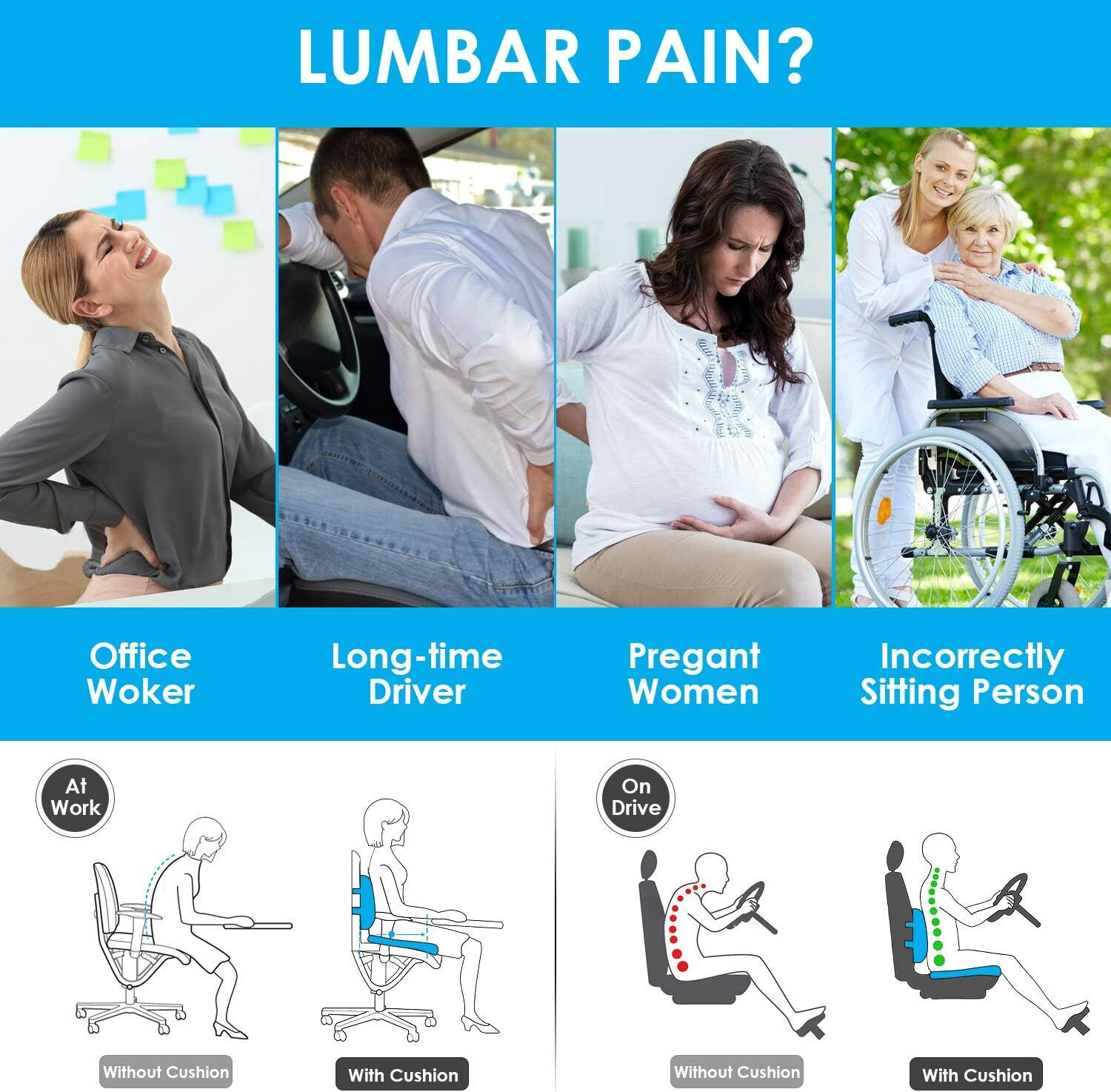 Image of Dr Touch Coccyx Seat Cushion with Lumbar Support PillowforChair BackRest Support&Tailbone Back / Lumbar Support