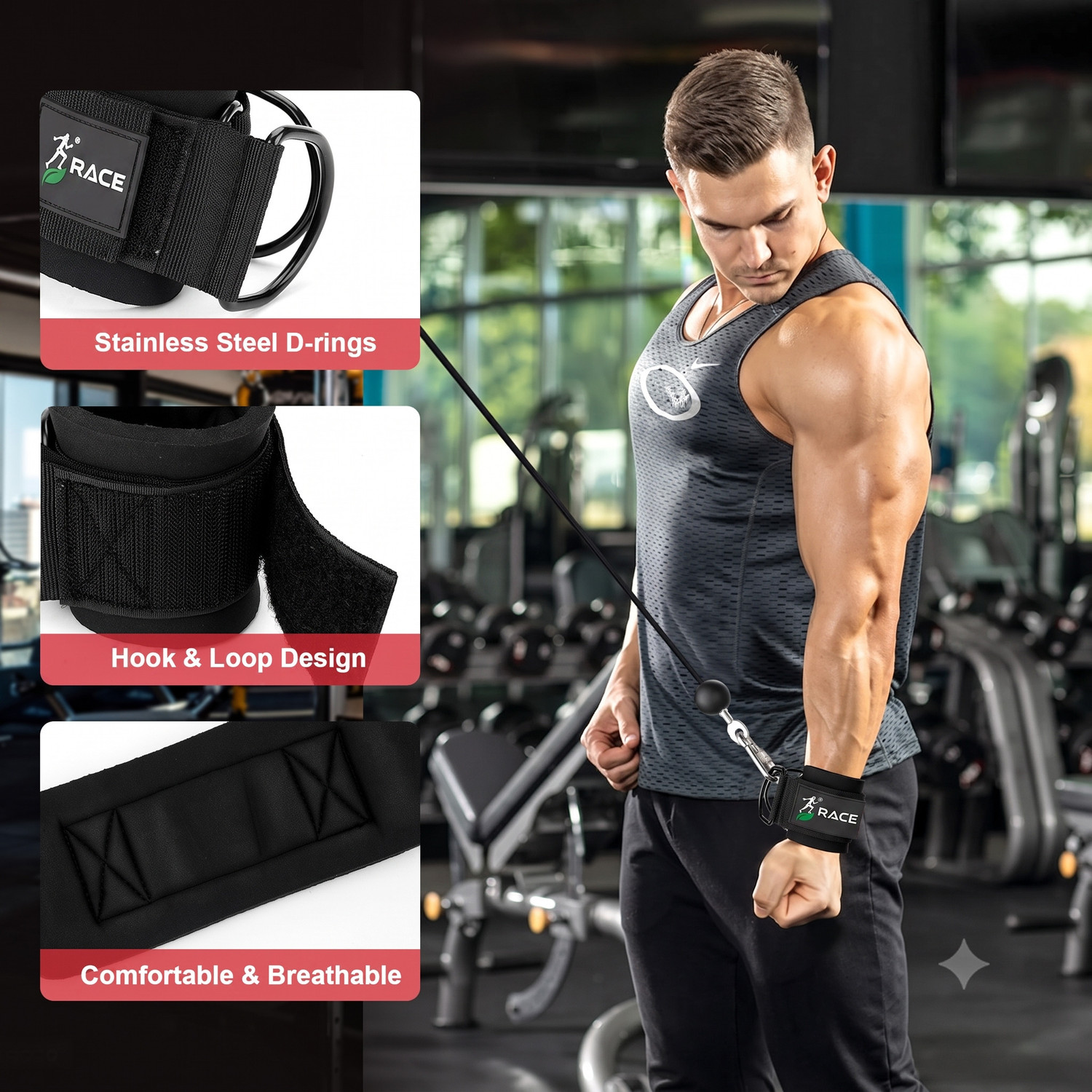Image of RACE Wrist Cuff Weight Lifting Strap with Heavy D-Ring |Attachment for Lateral Raises Wrist Support (Black)