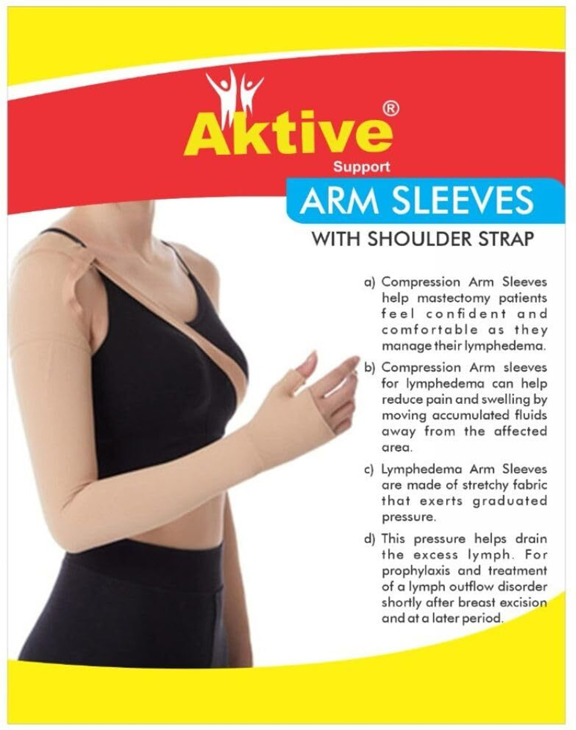 Image of Aktive Support Right hand Medical Compression Arm Sleeves with Shoulder Strap for Lymphedema. Shoulder Support