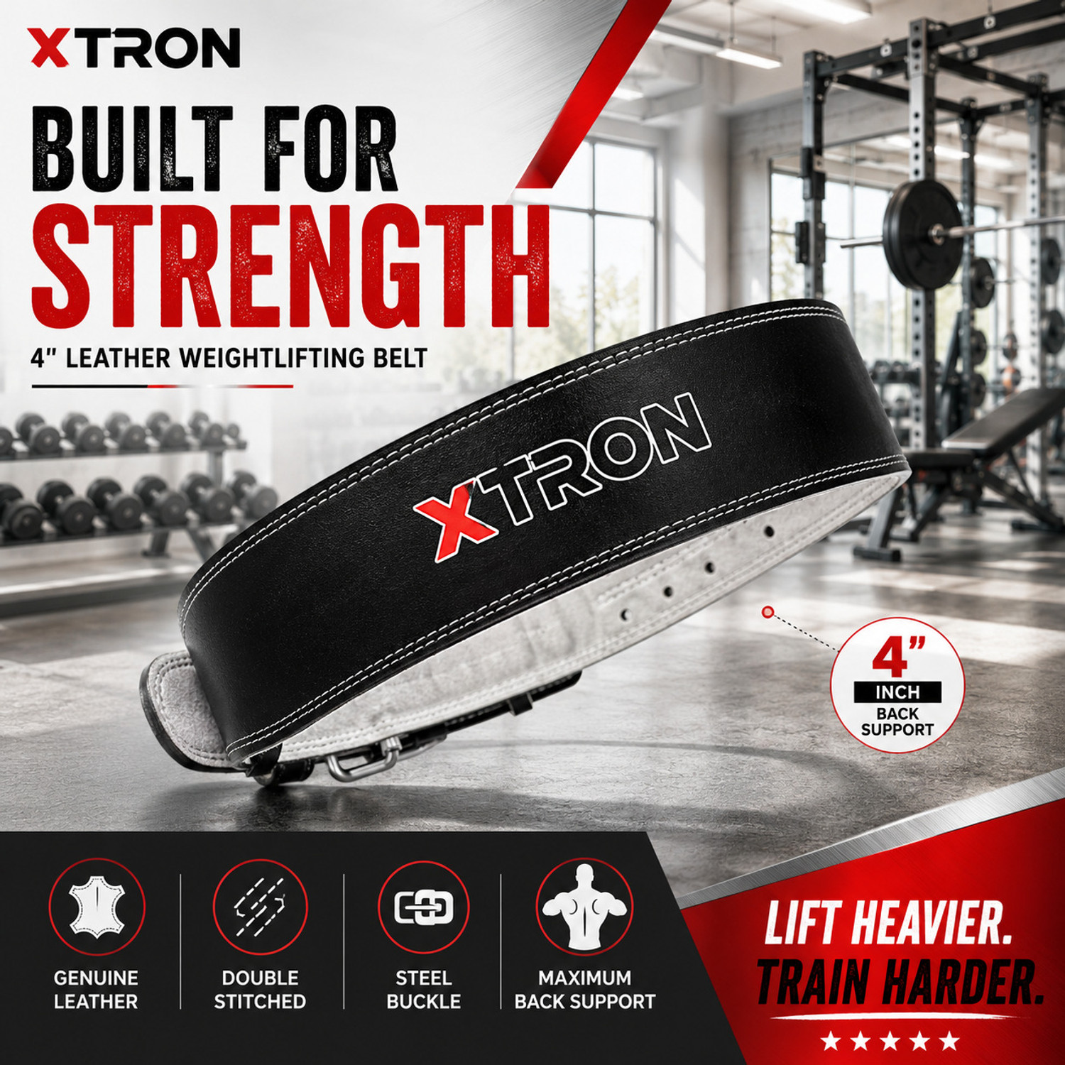 Image of Xtron Leather Gym Belt 4 Inch | Powerlifting & Back Support Belt Weight Lifting Belt