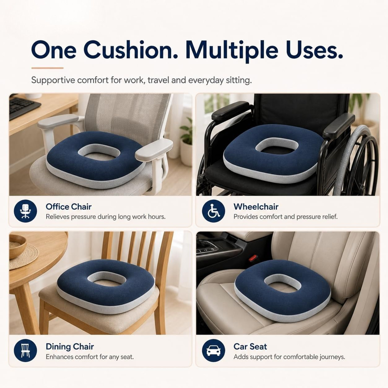 Image of Tender Care Donut Seat Ring Cushion For Piles Coccyx Tailbone Pain Haemorrhoid Sciatica Back Back / Lumbar Support (Blue)
