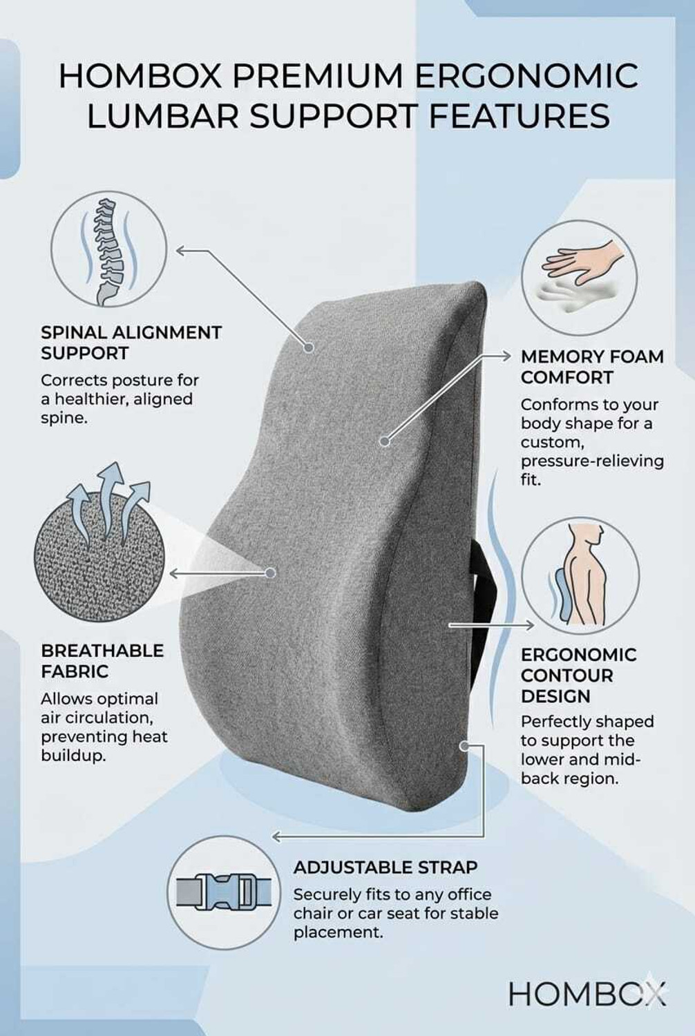 Image of HOMBOX Large Backrest for Chair & Car Seat, Orthopedic Memory Foam Lumbar Support Back / Lumbar Support
