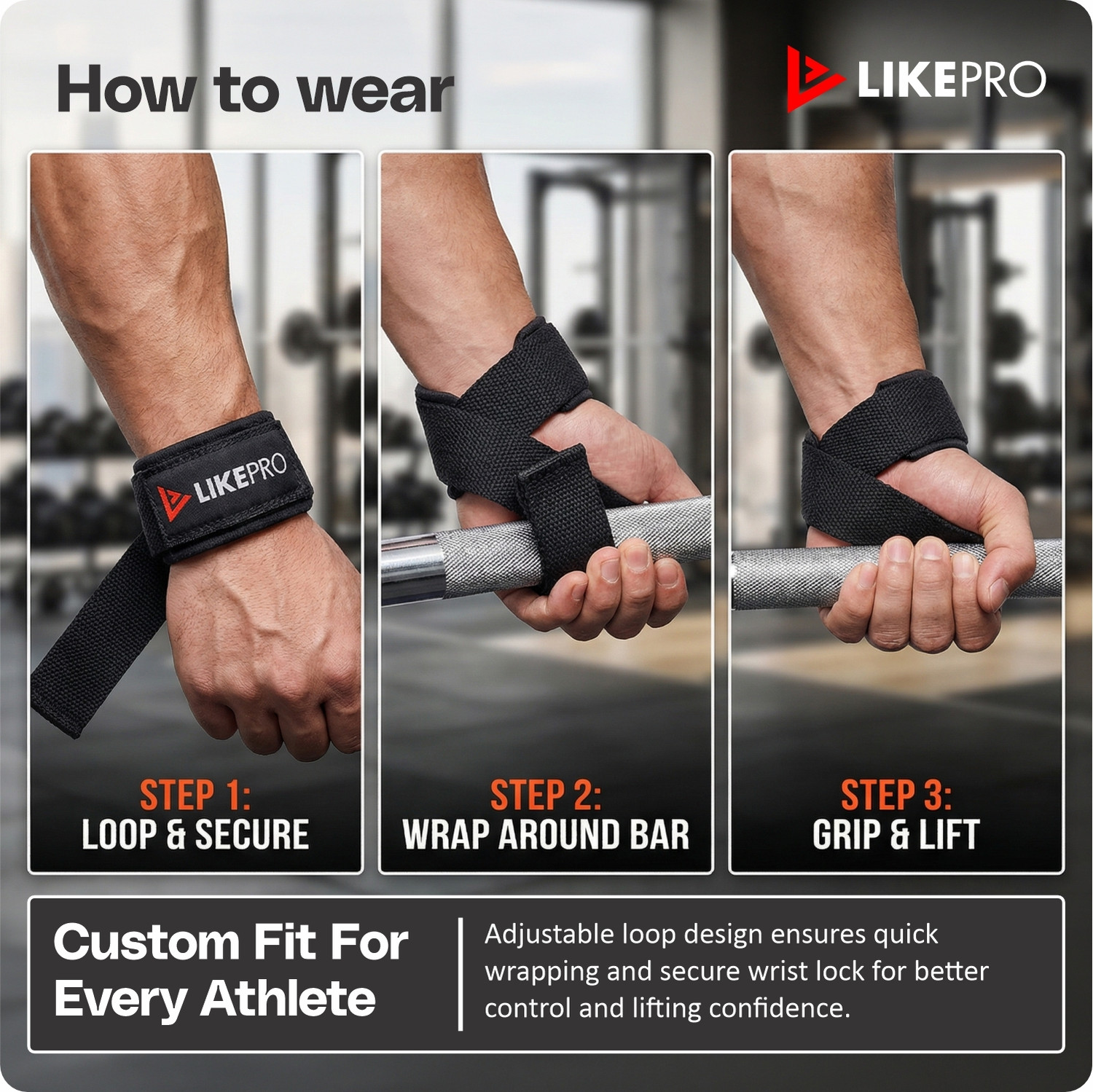 Image of LIKEPRO Premium Lifting Straps with Wrist Wrap Support Strong Grip Gym Accessories Wrist Support (Black)