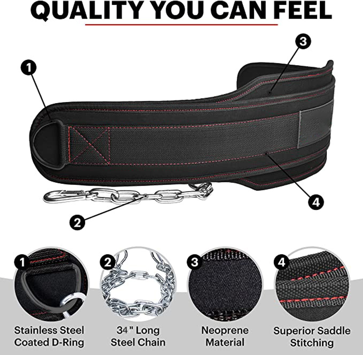 Image of Leosportz Dip Belt for Weightlifting, Weight Belt with Chain for Pullup Back / Lumbar Support