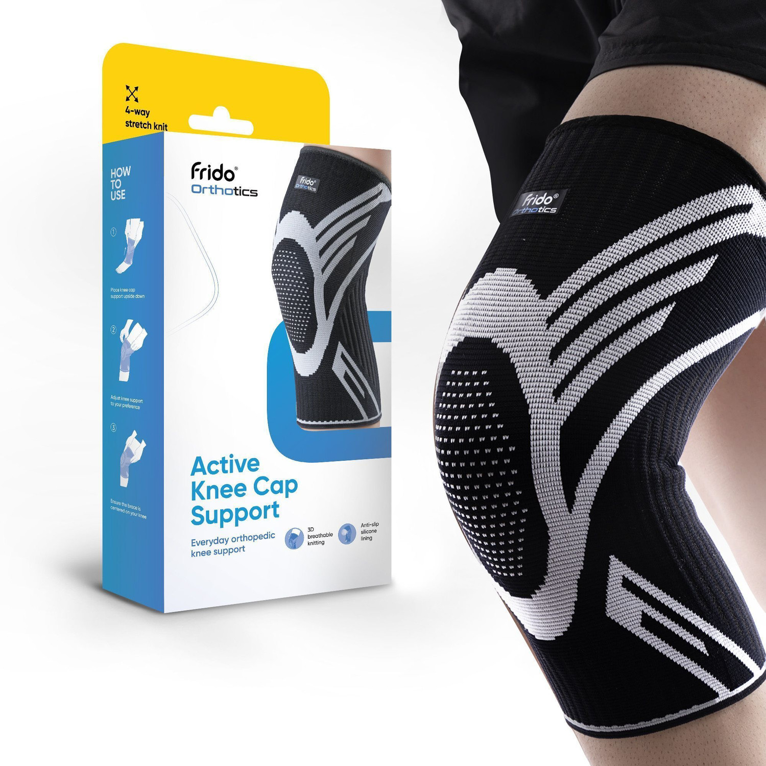 Image of Frido Active Knee Cap for Pain Relief, Joint Support & Injury Recovery, Black, Medium Knee Support