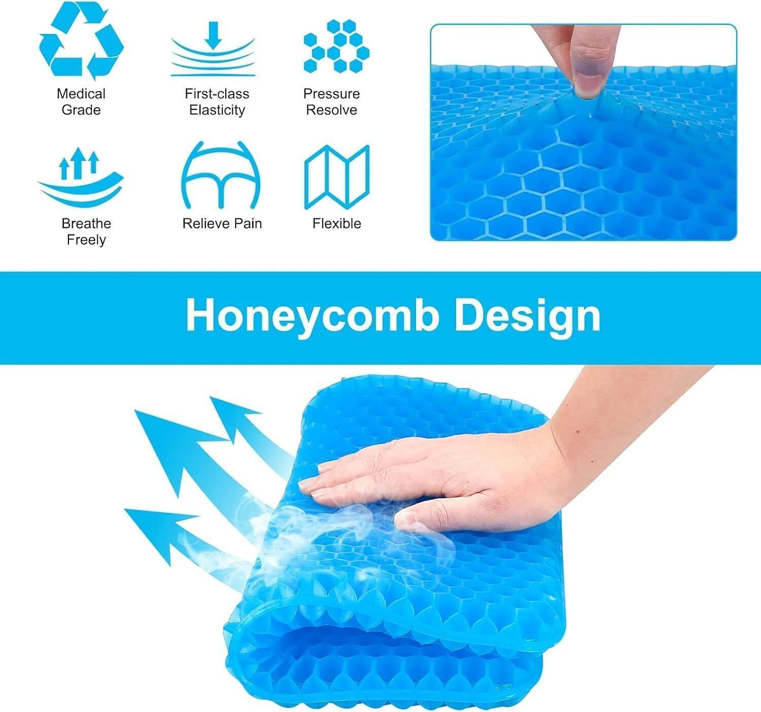 Image of VISHIXIT Gel Seat Double Thick with Non-Slip Cover, Breathable Honeycomb Gel Cushion Back / Lumbar Support