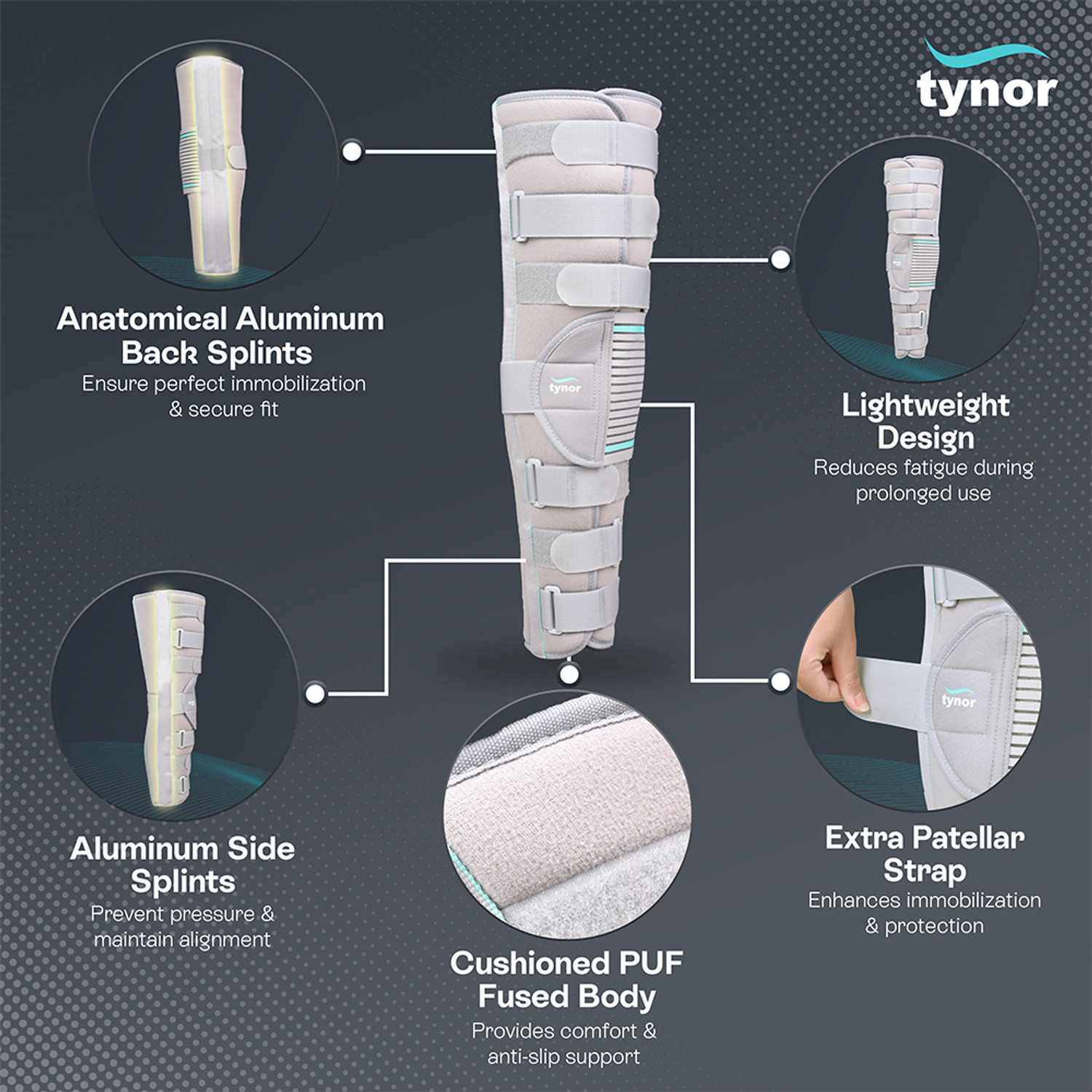 Image of TYNOR Knee Immobiliser 22 inch /56cm, Grey, Large, 1 Unit Knee Support