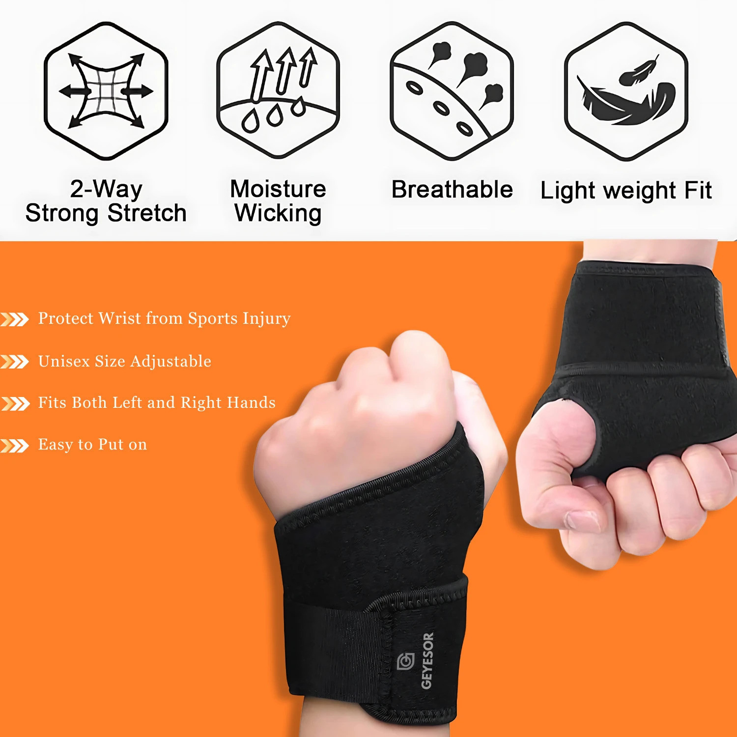 Image of GEYESOR Wrist Brace - Adjustable Wrist Band & Wrist Support for Pain Relief Hand Support