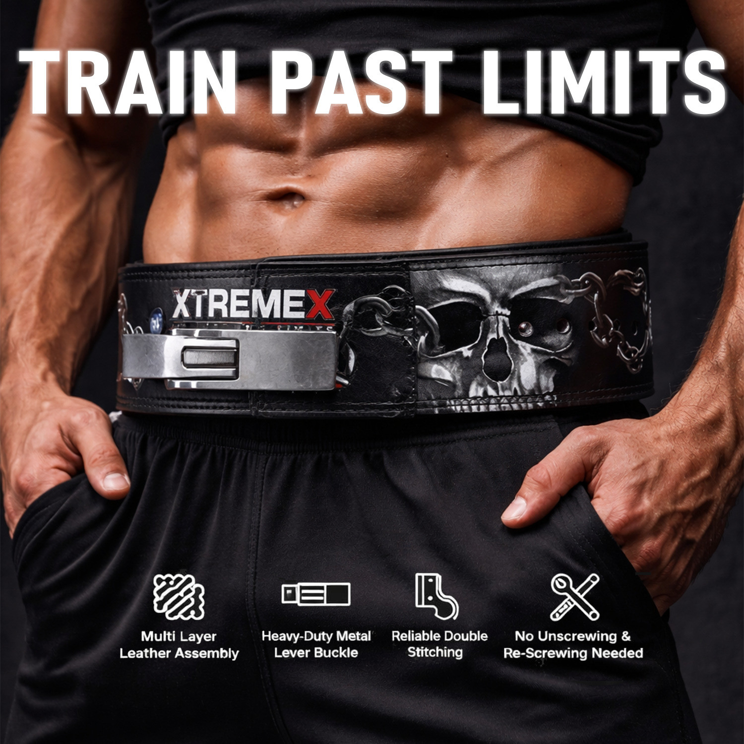 Image of XtremeX 13mm Weightlifting Iron Skull Lever Belt with Buckle for Men and Women (XL) Weight Lifting Belt