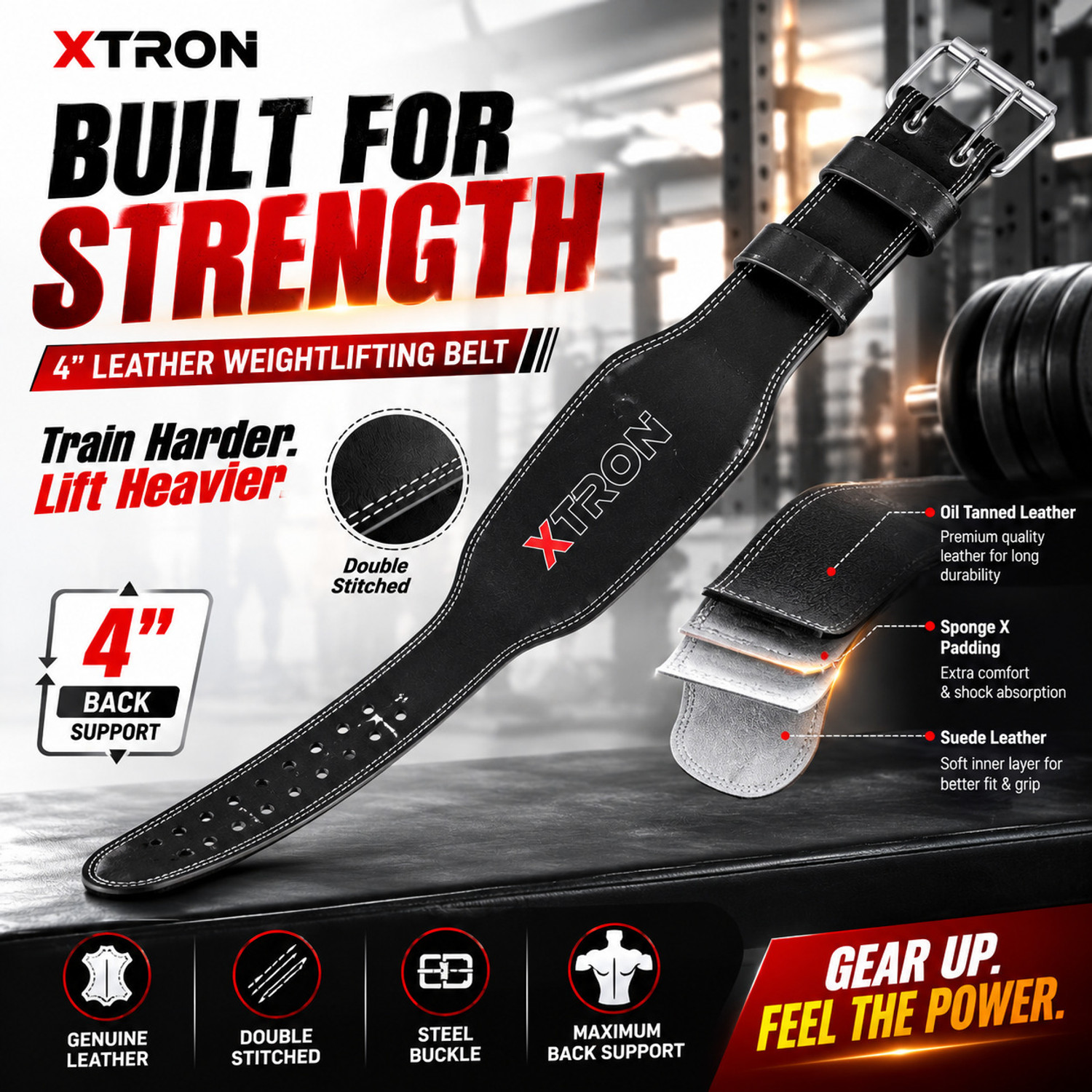 Image of Xtron Leather Gym Belt 4 Inch | Powerlifting & Back Support Belt Weight Lifting Belt