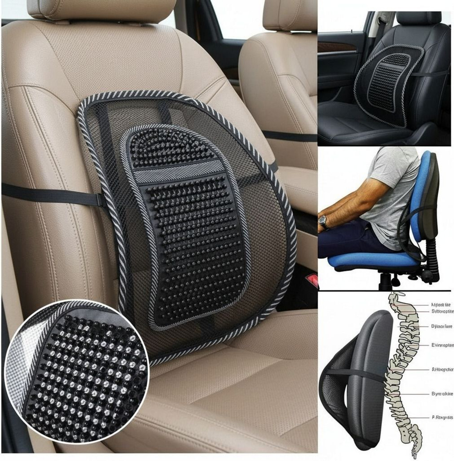 Image of Black mirror PainRelief Acupressure Back Support Cushion for Car Seat Back / Lumbar Support (Black)
