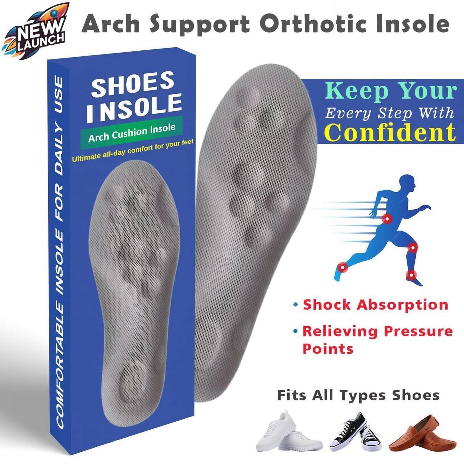 Adbee Insoles for Men and Women, Shock Absorption Cushioning Sports Comfort Inserts Foot Support
