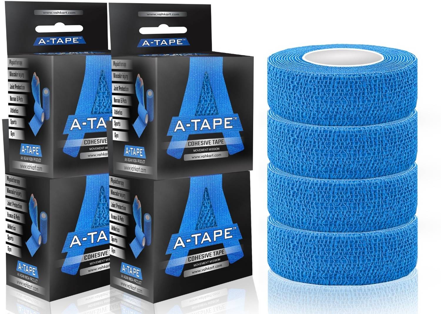 A-TAPE Self Adhesive Cohesive Crepe Bandage Non Woven (2.5 cm X 4.5 m- Pack of 4) -Blue Crepe Bandage