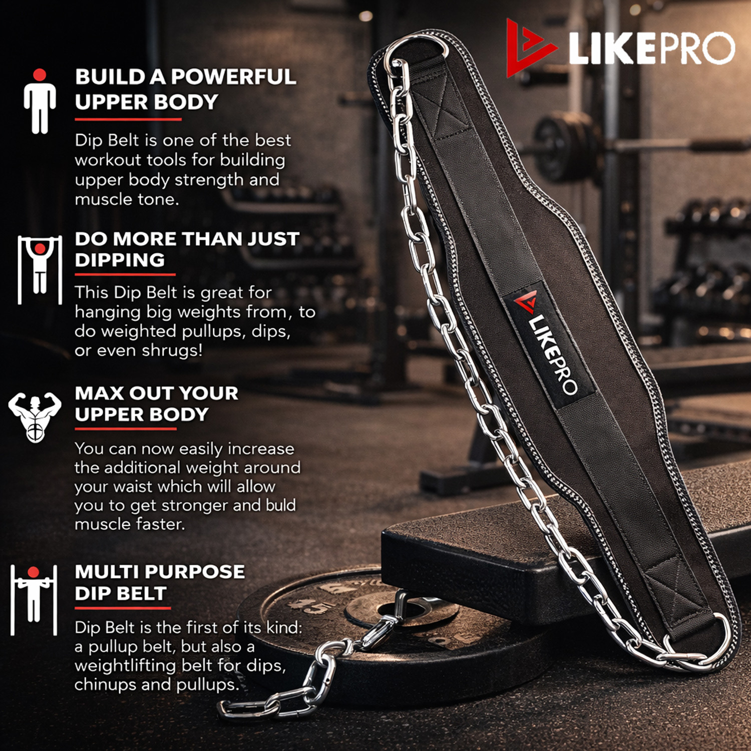 Image of LIKEPRO Dip Belt for Pull Ups & Dips with Chain - Heavy Duty 6 Inch Wide Weight Lifting Belt