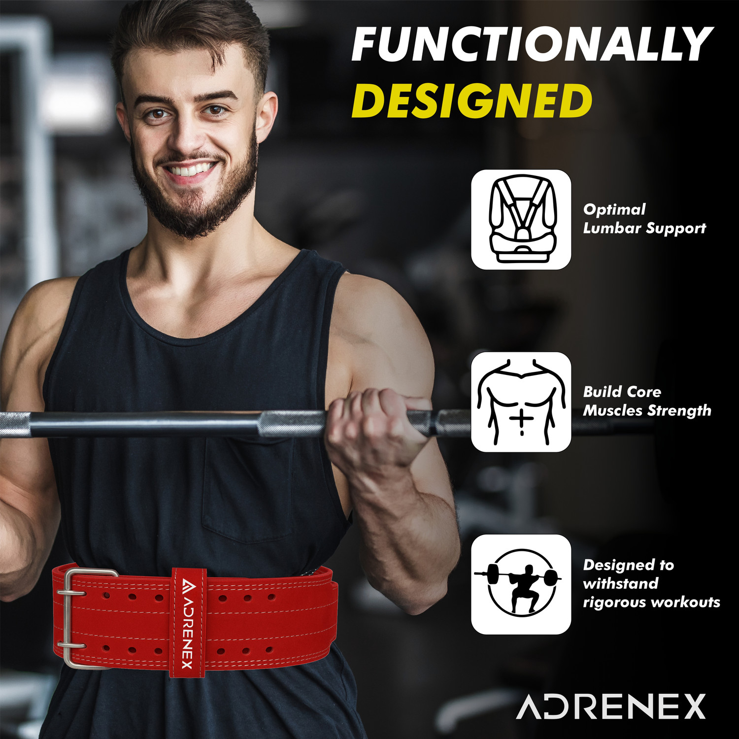Image of Adrenex Pro Weight Lifting Belt Genuine Leather 4 inch Inch Durable Comfortable Lower Weight Lifting Belt