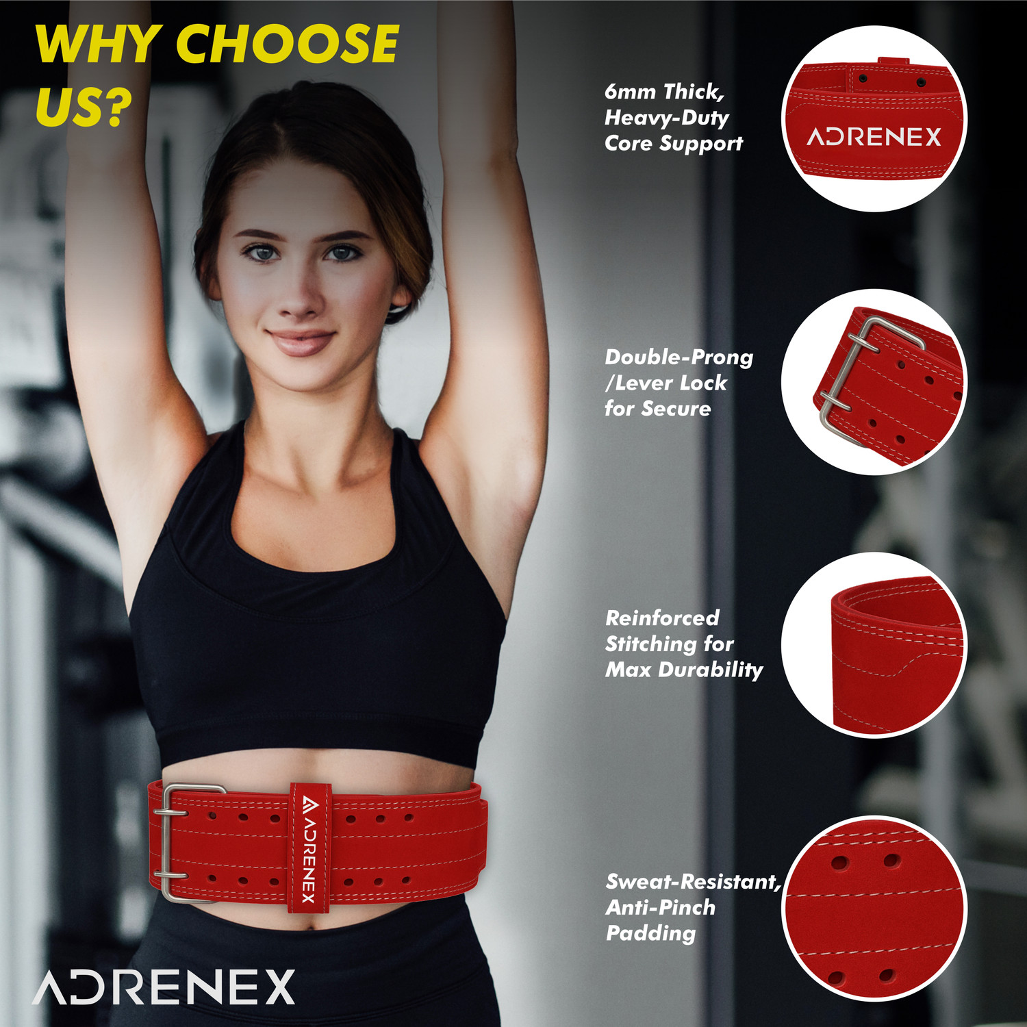 Image of Adrenex Pro Weight Lifting Belt Genuine Leather 4 inch Inch Durable Comfortable Lower Weight Lifting Belt