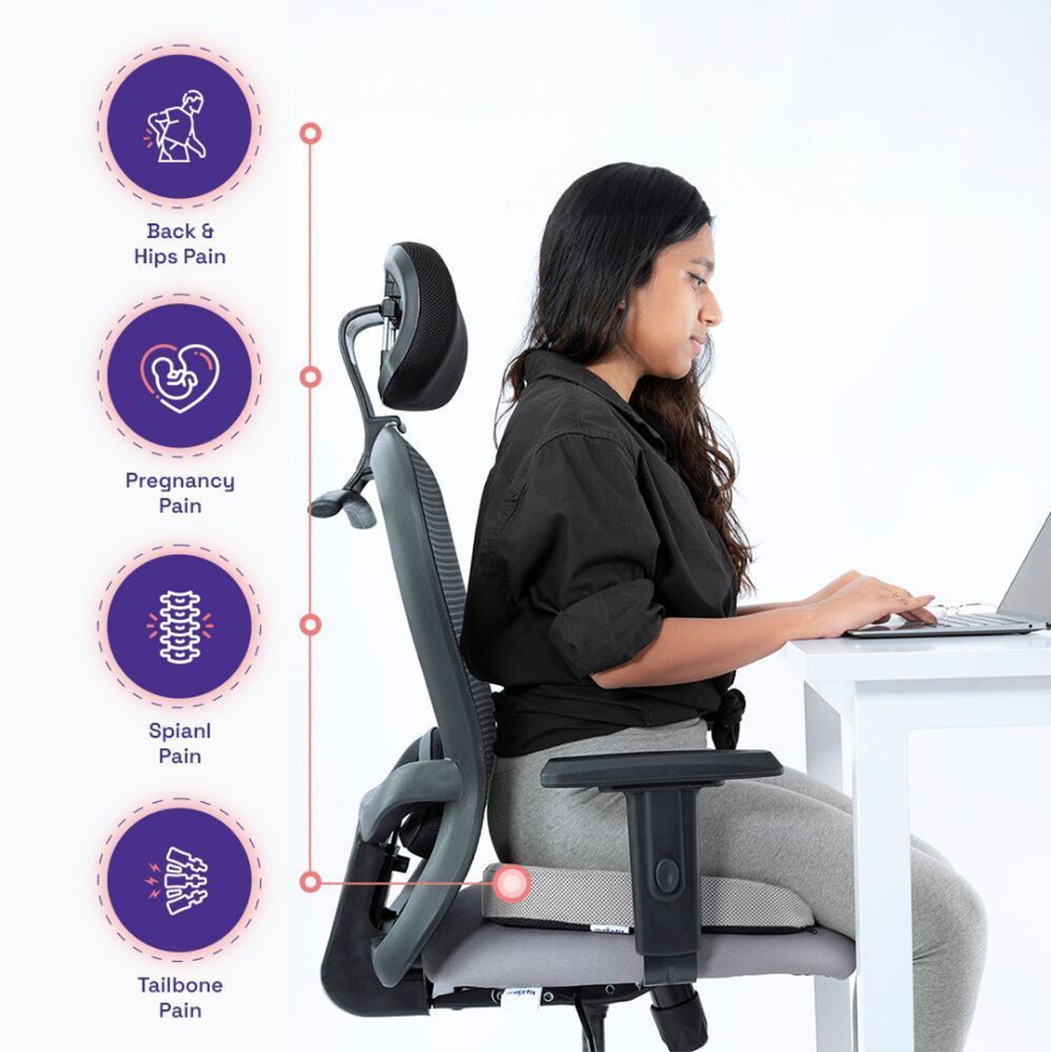 Image of Wakefit Coccyx Seat Cushion - Large (Grey) Back / Lumbar Support