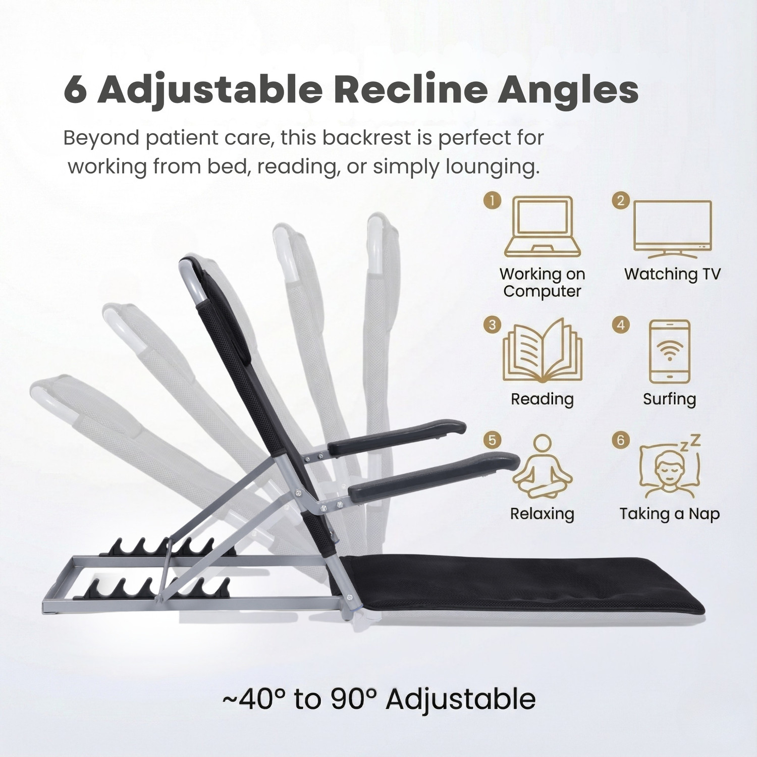 Image of REWELL Portable Adjustable Bed Back Rest with Handle | Mild Steel | 6 Reclining Angles| Back / Lumbar Support