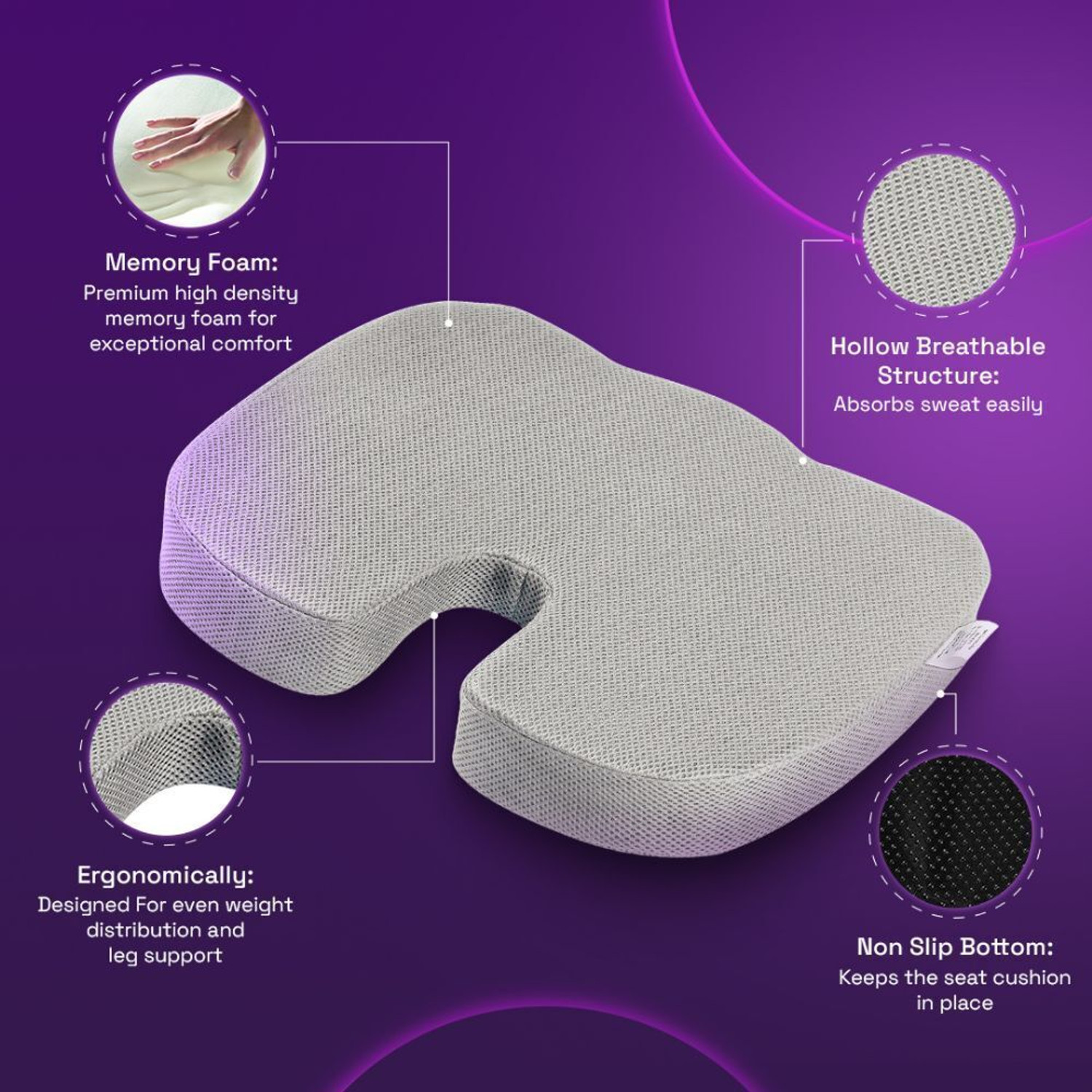 Image of Wakefit Coccyx Seat Cushion - Large (Grey) Back / Lumbar Support